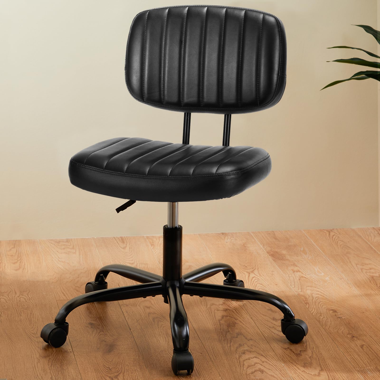 NEWBULIG Armless Small Office Desk Chair with Low Back Lumbar Support PU Leather Computer Vanity Chair with 360