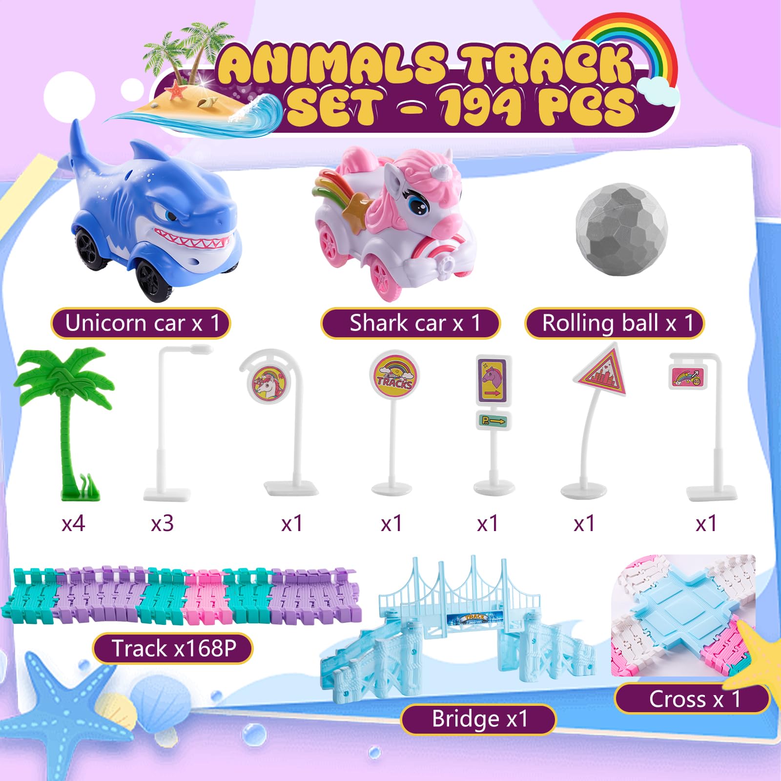 DIY Circuit Licorne 194 PCS – Piste Flexible et Modulable avec Voitures Requin & Balle, Jeu de Construction Créatif, Cadeau Licorne pour Filles et Garçons 3-12 Ans, Idée Cadeau Anniversaire Enfant