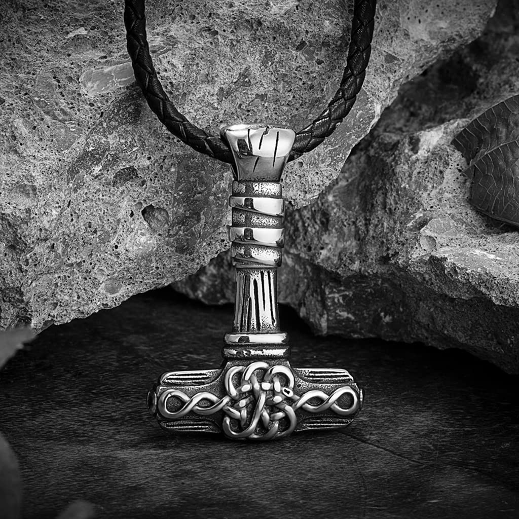 Noorse Mythologie Mjolnir Ketting, Viking Thor's Hamer Roestvrijstalen Hanger Keltische Knoop Luipaard Hoofd Lederen Ketting Mannen Handgemaakte Amulet Cadeau Sieraden,Gold,50cm