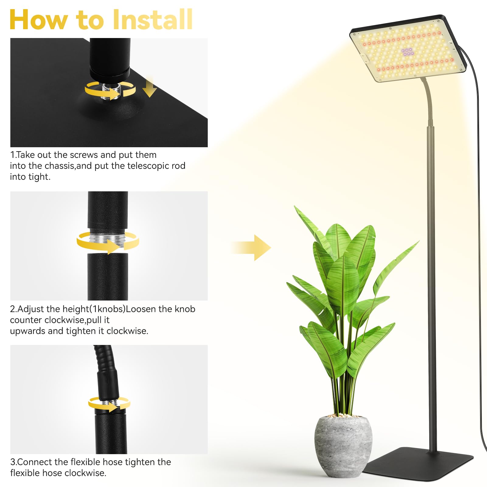 Lampe Horticole Led À Spectre Complet, 3 Couleurs, Minuterie 4/8/12 H, 10 Niveaux De Luminosité, Hauteur Réglable De 50 À 125 Cm Pour Les Grandes Plantes Ou Les Semis.