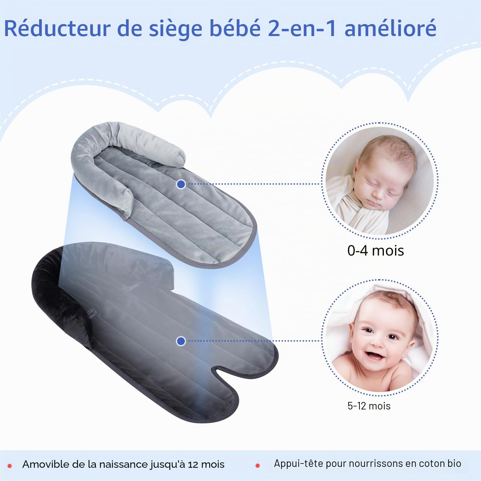 INFANZIA Réducteur de siège bébé 2 en 1 universel pour toutes les poussettes buggy, insert nouveau-né, appui-tête pour siège bébé et sièges auto, idéal pour toutes les saisons, 51 x 30 cm, noir