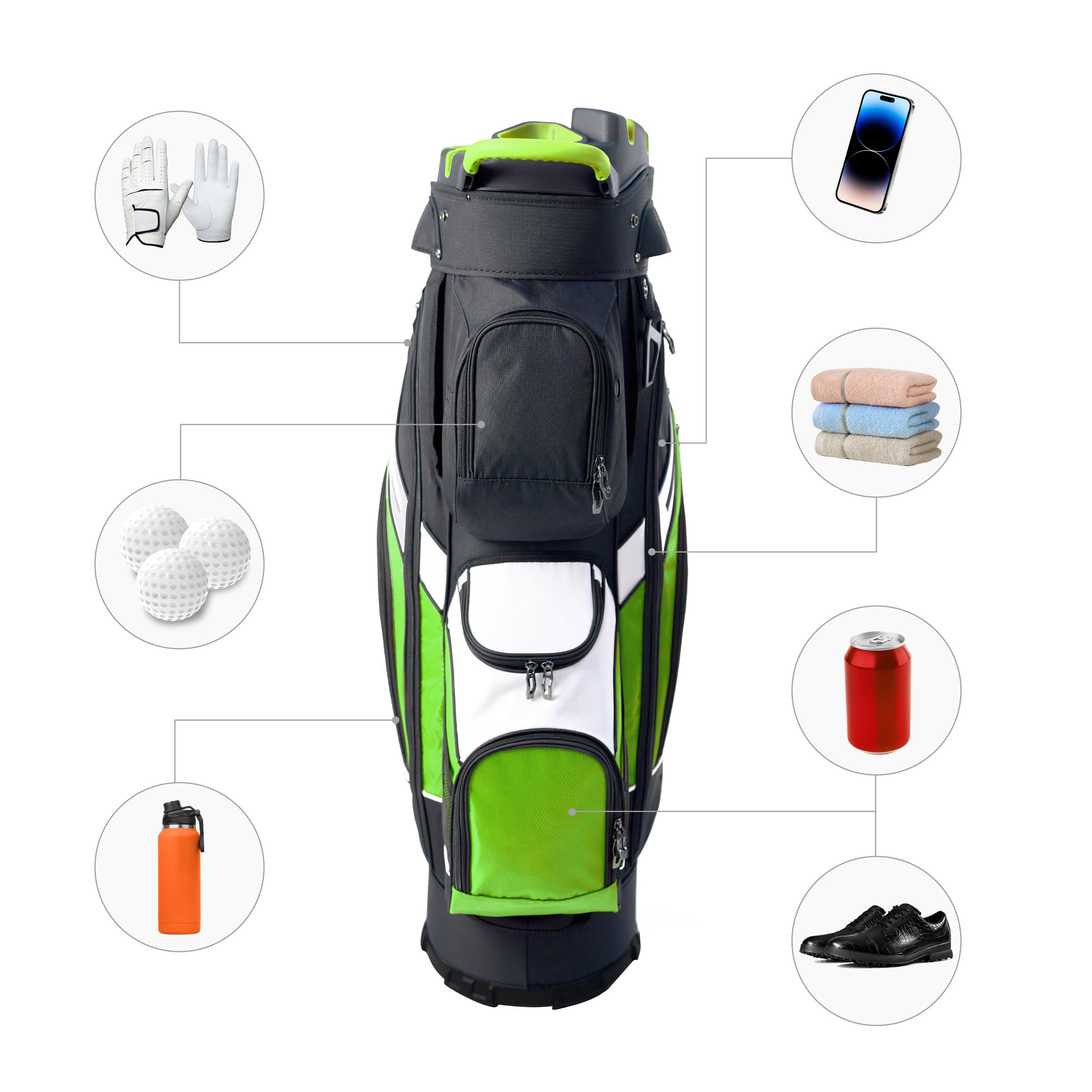 RAIKOU Golf Cartbag mit 14-Fach Organizer, Wasserabweisende Golftasche, 9 Taschen, Schuhfach, leicht & stabil, Grau/Schwarz/Weiß