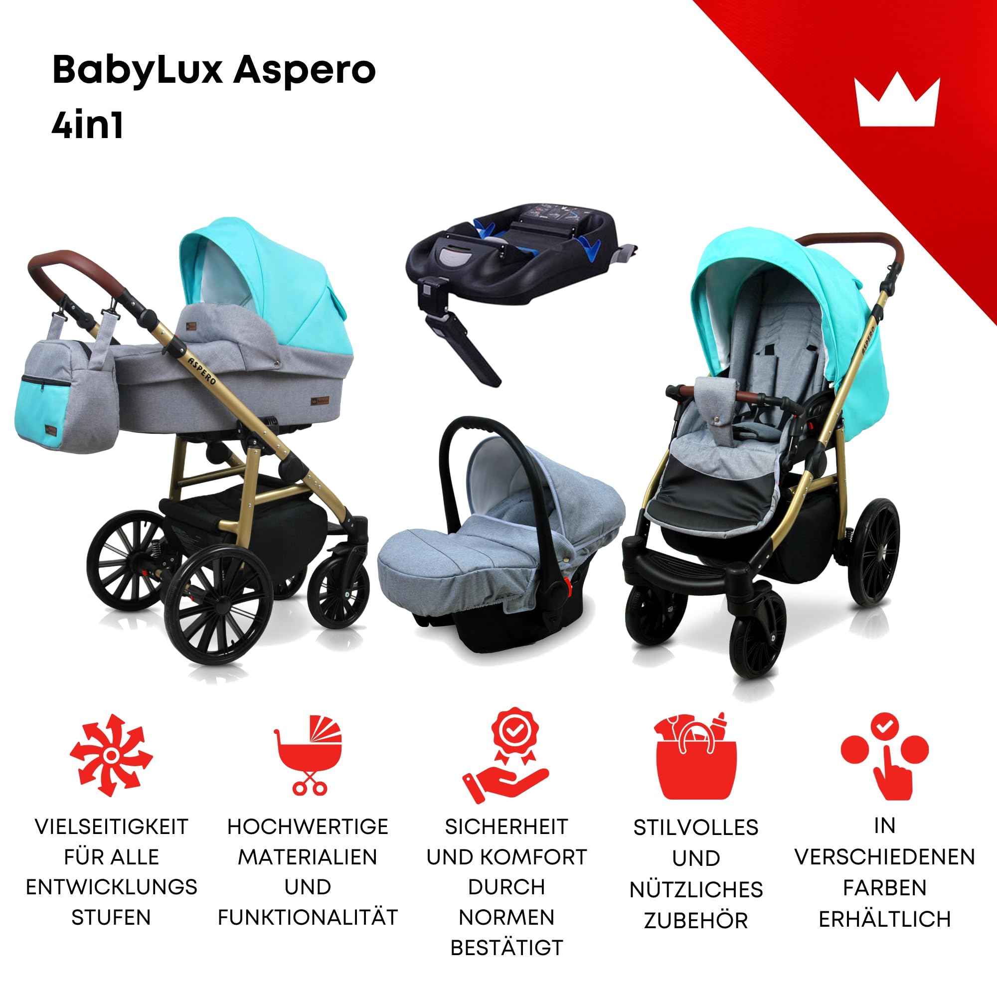 BabyLux® Wózek dziecięcy kompletny zestaw 4 w 1 - Aspero - w tym gondola dla niemowląt, wędka, fotelik samochodowy, podstawa ISOFIX - system kombinowany dla niemowląt, z torbą do przewijania itp.