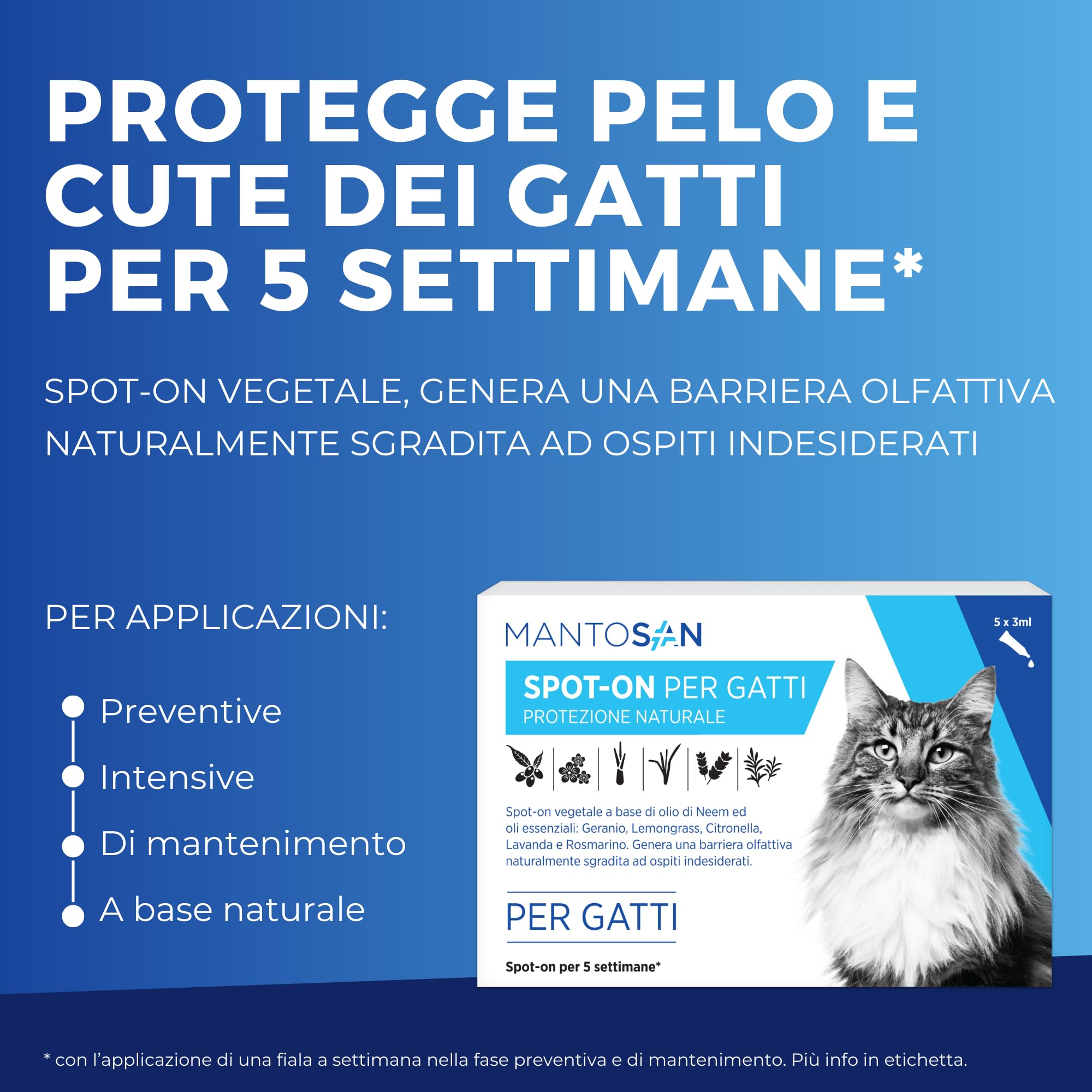 Mantosan Spot-On Vegetale per Gatti 5 Pipette da 3ml Protezione Naturale con Olio di Neem Ozonizzato e Oli essenziali di Geranio, Citronella, Lemongrass, Lavanda e Rosmarino - Nuova Formula