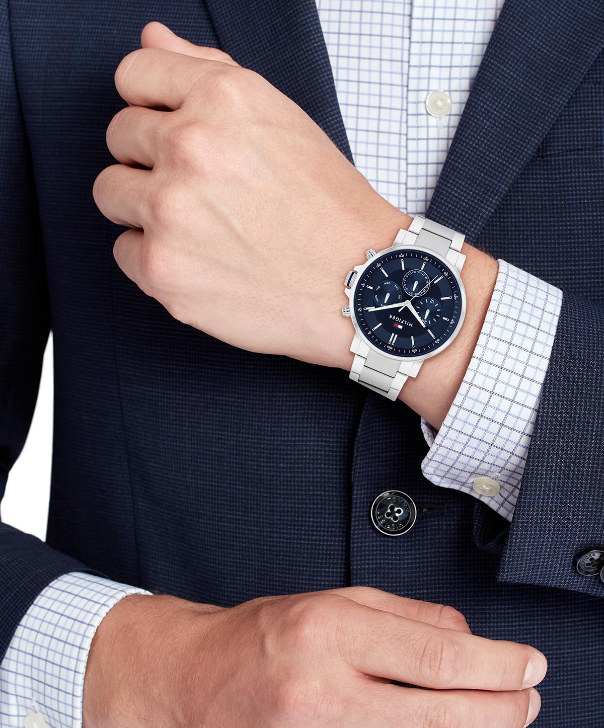 Tommy Hilfiger Men's Watch – 44 mm Quartz Multifunction Stainless Steel Case, CD-Textured Sunray Dial with Diamond-Cut Sub-Dials, Link Bracelet – Classic Dress Watch for Men