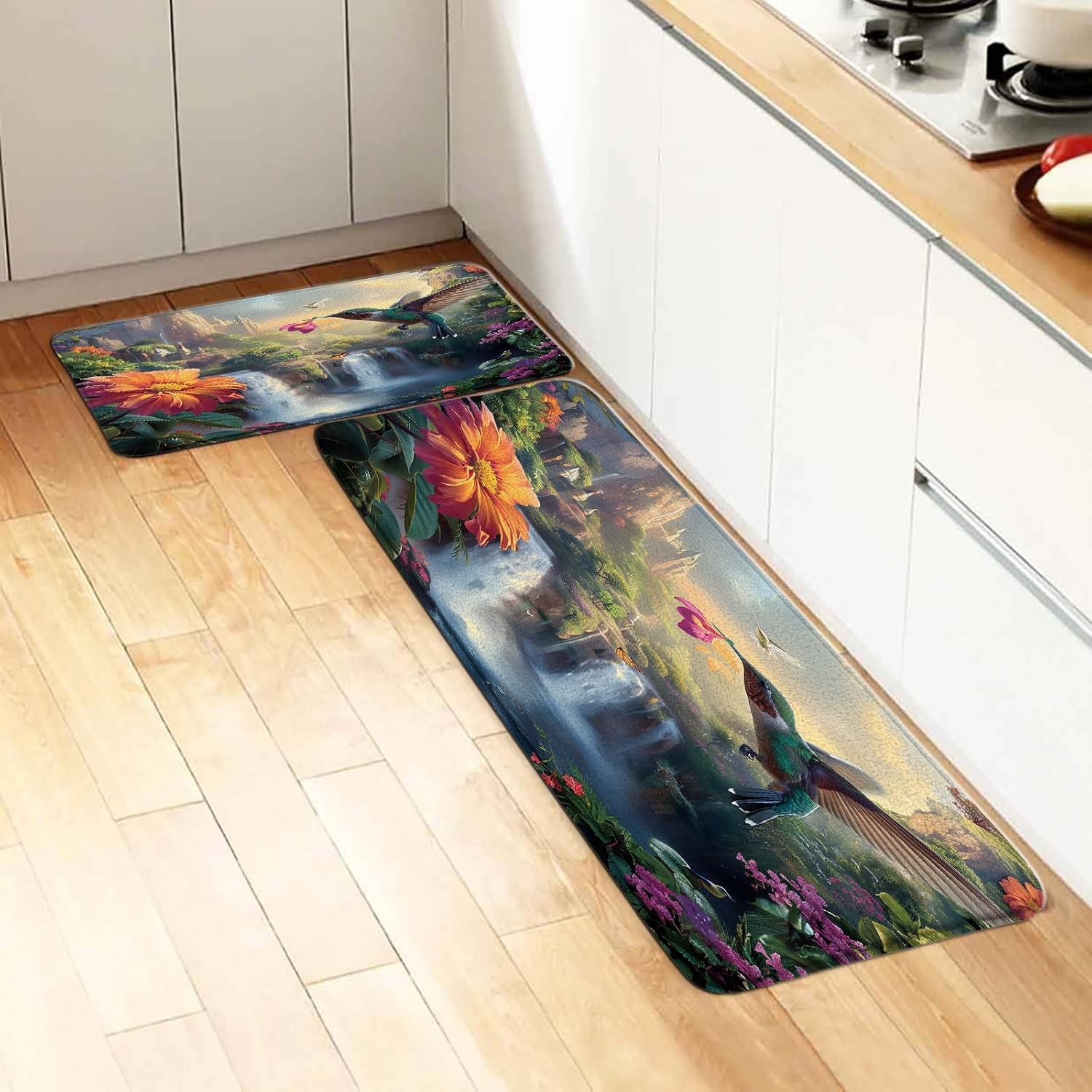 AMFD 2Pcs Hummingbird Bath Mat Blooming Flower Bird Spring Colorful Floral Nature Garden Waterfall Landscape Bathroom Bathtub Floor Rugs Doormat Toilet Decor