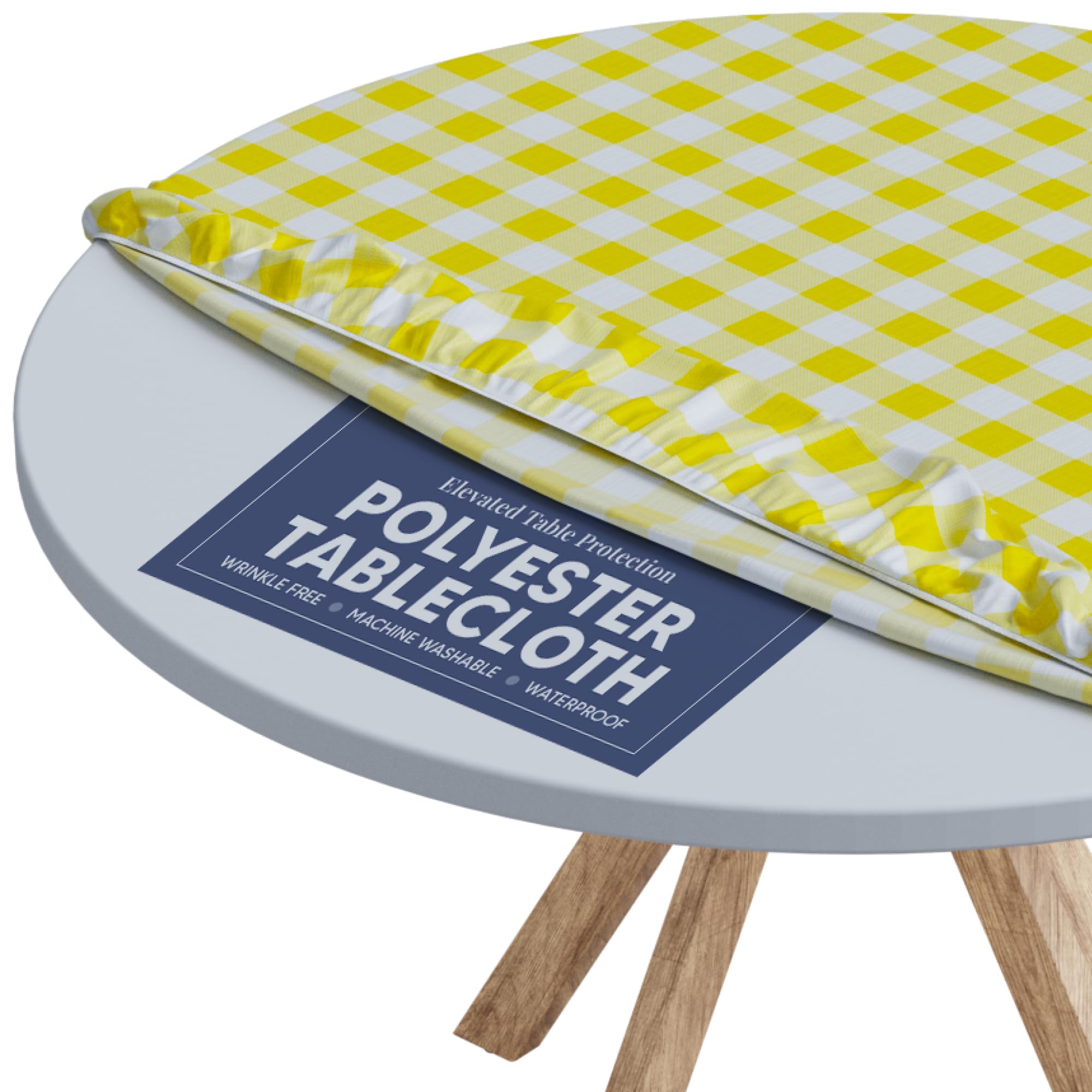 sorfey round tablecloth of polyester -fitted with elastic, water proof, washable, fits for table 60 inches round, checked yellow design, for indoor/outdoor kitchen and picnic and more...