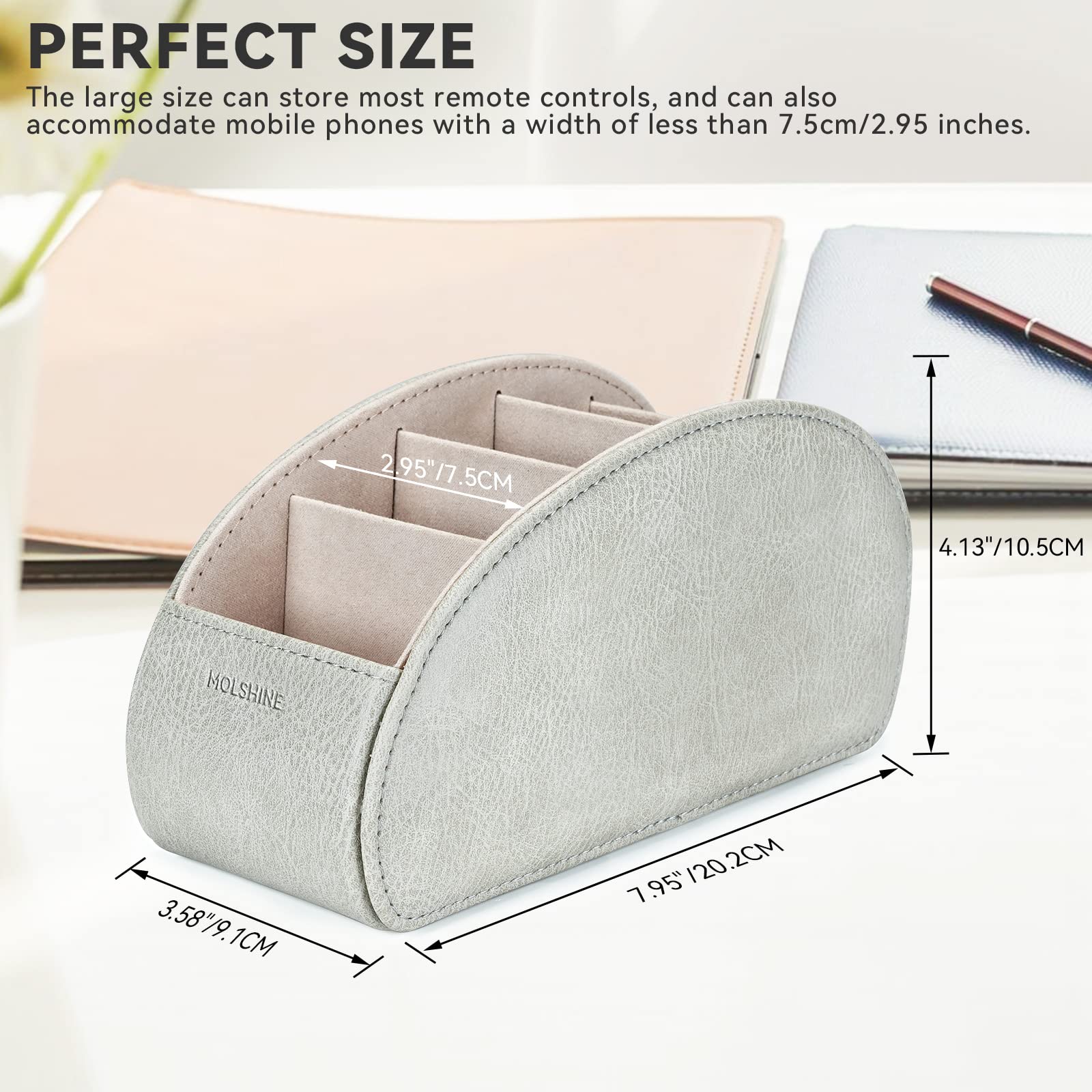 molshine Remote Control Holder with 5 Compartments,Pu Leather Office Organization Storage Caddy Box for Tv Remote,Heater Controllers,Media Player,Office Supplies,Makeup Brush (Light Grey) - Image 2