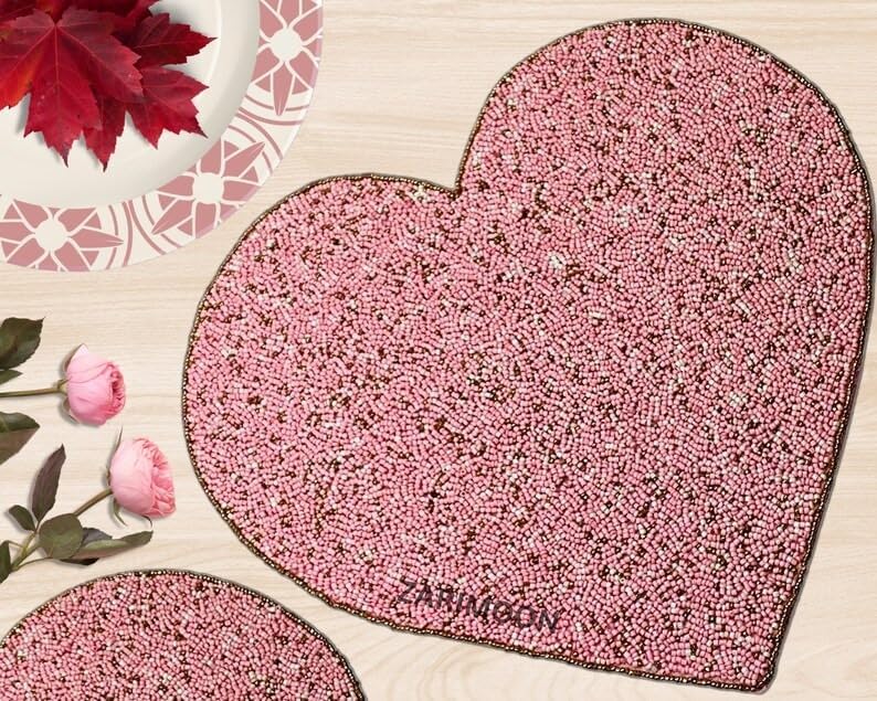 Set of 2/4/6 Valentine's Day Special Handmade Pink Beaded placemat, Charger, Heart Table mat, Centrepiece, Gift for her, ZARIMOON image 3
