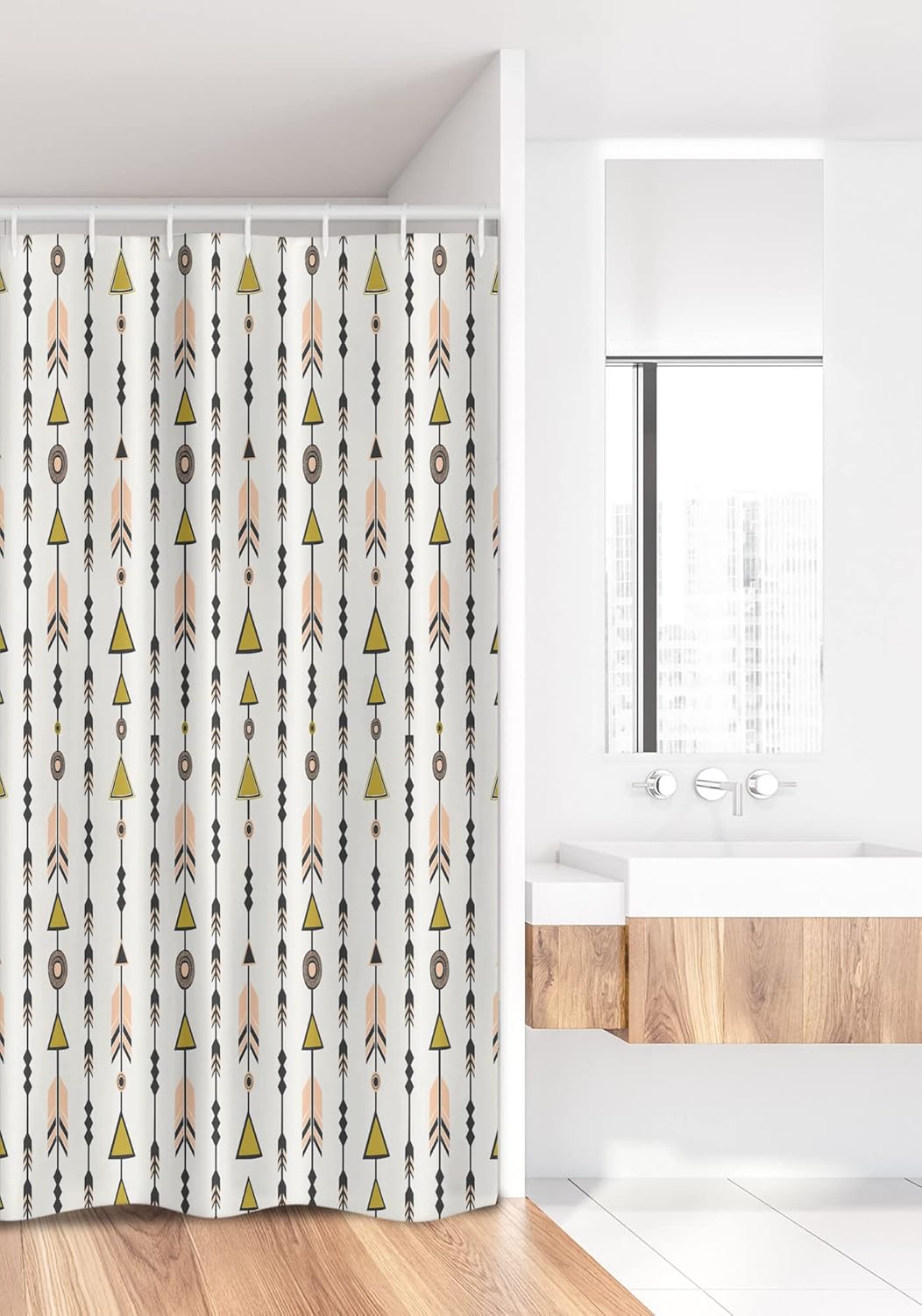 Ambesonne Arrow Stall Shower Curtain, Style Arrow and Geometric Pattern in Retro Style Cultural Boho, Fabric Bathroom Decor Set with Hooks, 36" W x 72" L, Black Pink Green