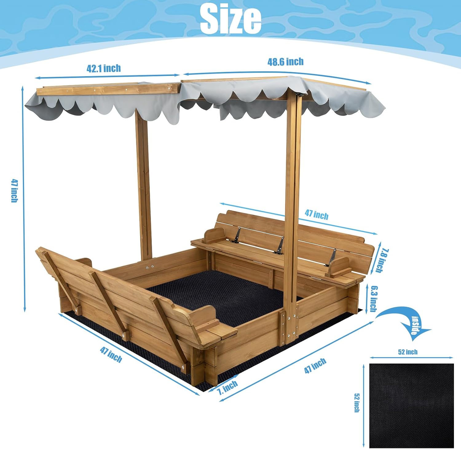 Sandboxes with Lid Kids,Sand Box with Cover, Wooden Kids Sand Boxes with Canopy Outdoor for 3-8 Ages,with Adjustable Height Canopy,UV Resistant & Waterproof Roof,Foldable Bench Seats,Round Edges