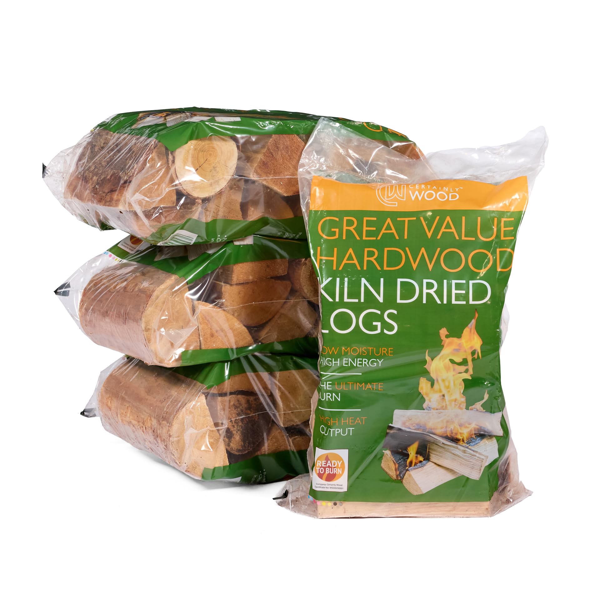 Certainly Wood Brown Kiln Dried Hardwood Logs, 25Cm Length, 10Kg Bags, Ready To Burn For Stoves And Fireplaces (4 Bags)