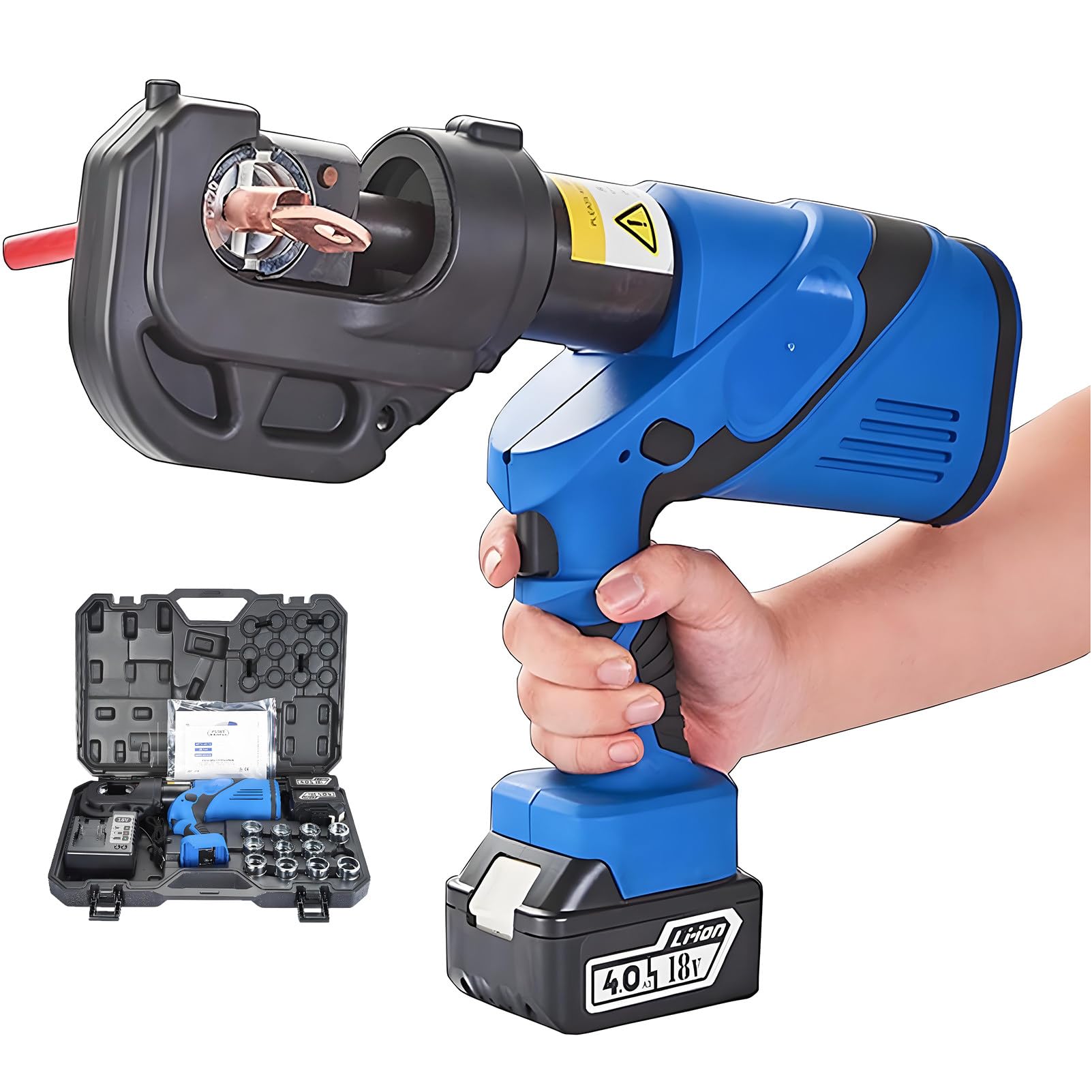 Alicates Crimpadores Hidráulicos Eléctricos Recargables para Terminales de Cable, Kit de Crimpado y Corte de Fibra Óptica con Juegos de Matrices y 2 Baterías de Litio EZ-400