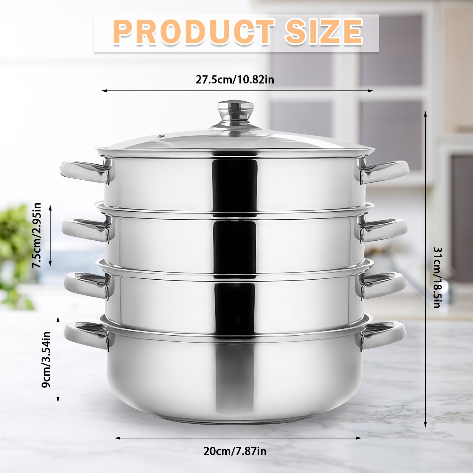 28 cm Dampftopf-Topf mit Dampfgareinsatz, 3/4-Regalkocher mit Deckel, Edelstahltopf, Nudeltopf mit Sieb zum Kochen von Gemüse, Meeresfrüchten, Suppen, Eintöpfen und Nudeln (Vier)