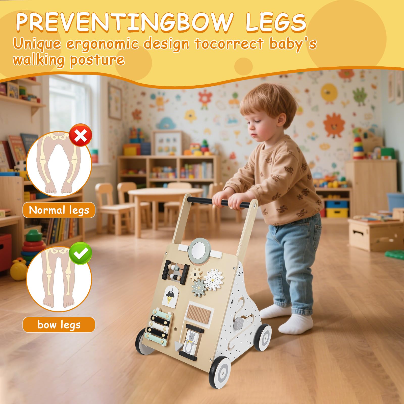Montessori - Passeggino per bambini in legno, con Activity Center e ruote gommate, stabile aiuto per bambini piccoli, giocattolo in legno per bambini a partire da 1 anno, regalo per ragazzi e ragazze