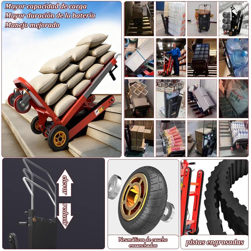 Carretilla Eléctrica para Escaleras 1100lbs/500kg Capacidad Motor 1500W Sin Escobillas Ideal Batería 48V/42A 6-8H Autonomía para Mudanzas Almacén Logística