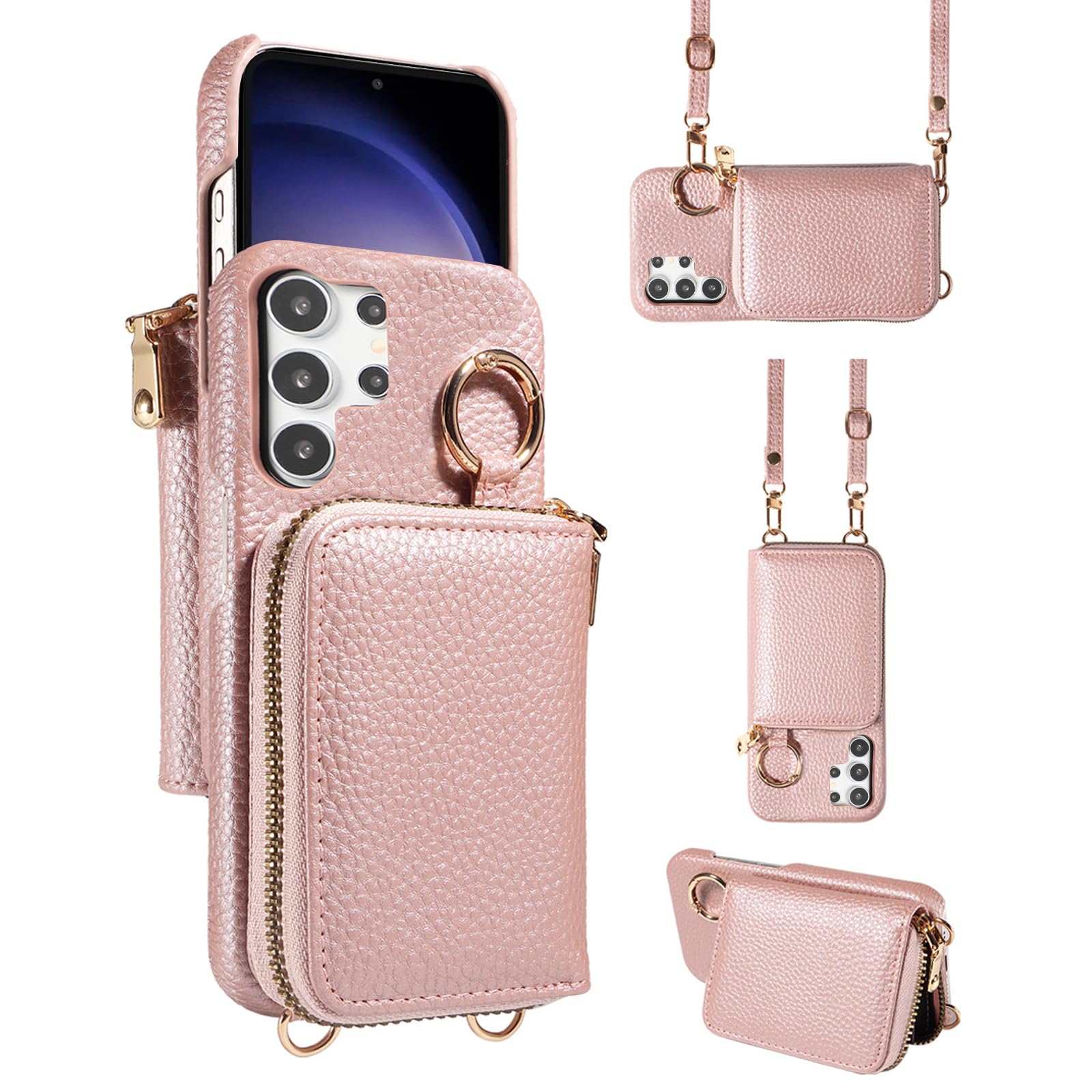 Furiet Wallet Case for Samsung Galaxy S24 Ultra 5G with Shoulder Strap Ring Buckle Luxury PU Leather Zipper Flip Organ Purse, Card Holder Stand Cell