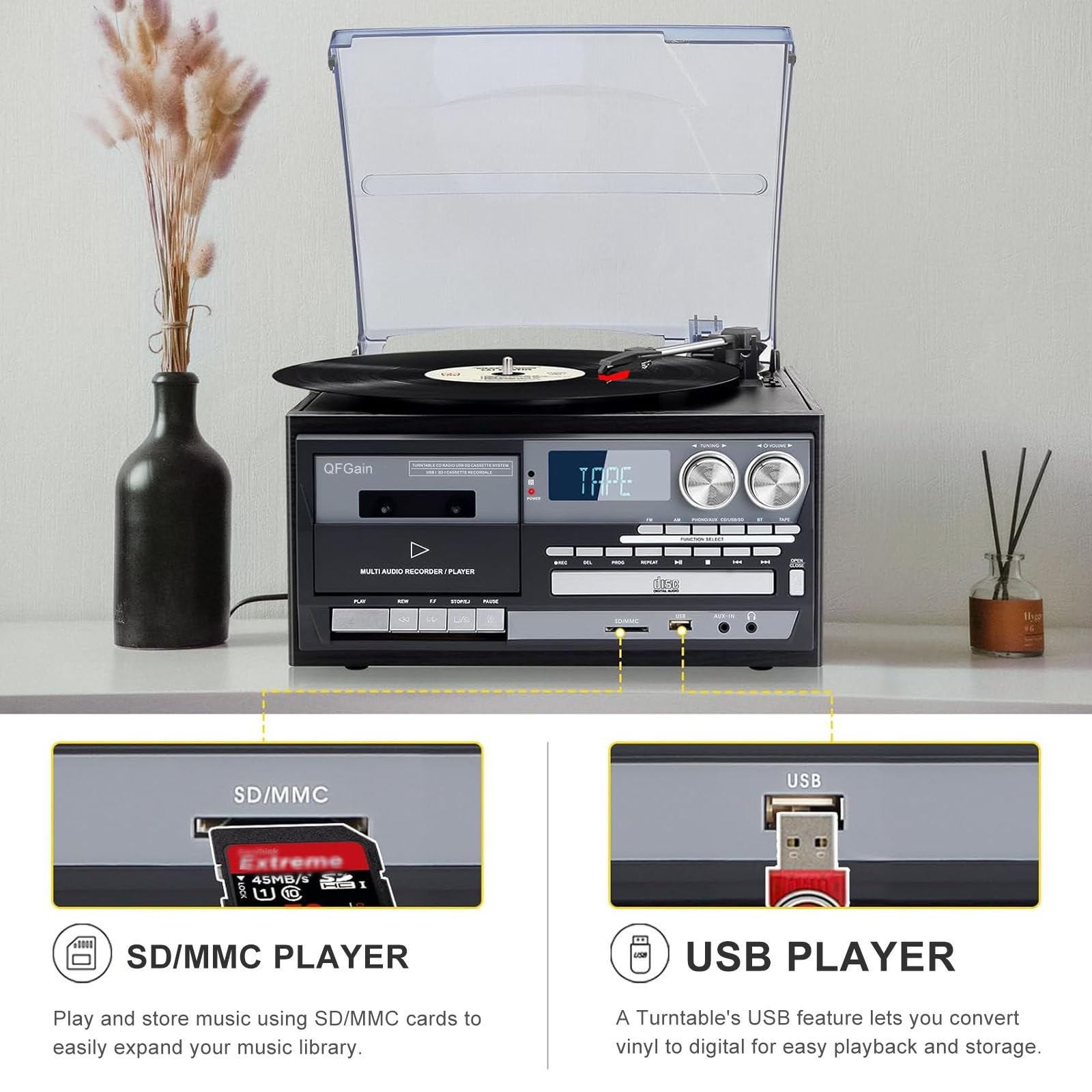 Giradischi in Vinile A 3 velocità, Giradischi Vintage CD/Cassette, Radio Am/FM, Riproduzione USB/SD, Fonografo Portatile, Dispositivo Audio Completamente Automatico A Cinghia,Black