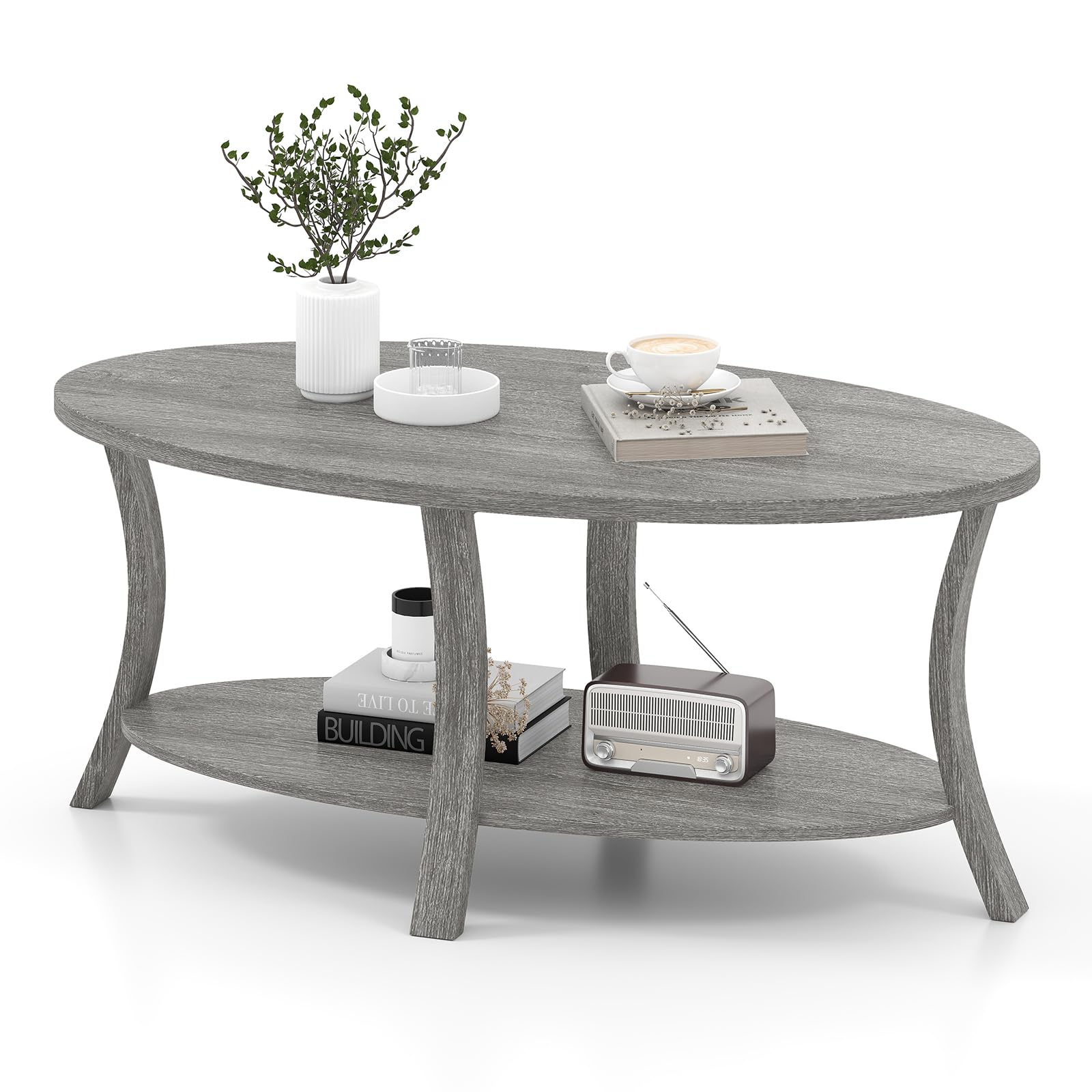 LIFEZEAL Tavolino Salotto Ovale a 2 Ripiani con Scomparti Aperti, in Legno Massello, Tavolino da Caffè, Divano, Tavolo Soggiorno, Moderno, Salvaspazio, Semplice, 111x60,5x47cm, Max 160kg (Grigio)