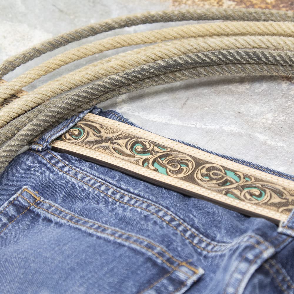 HOOEY Men's Leather Hand Tooled Filigree Cutout Belt Tan 32