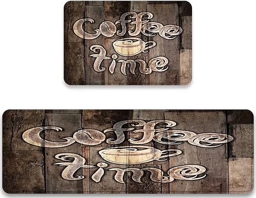 Juego de 2 tapetes de cocina con letras grunge, moderno, hora de café y taza de café, retro, de madera, duradero, alfombras de granja, lavables,