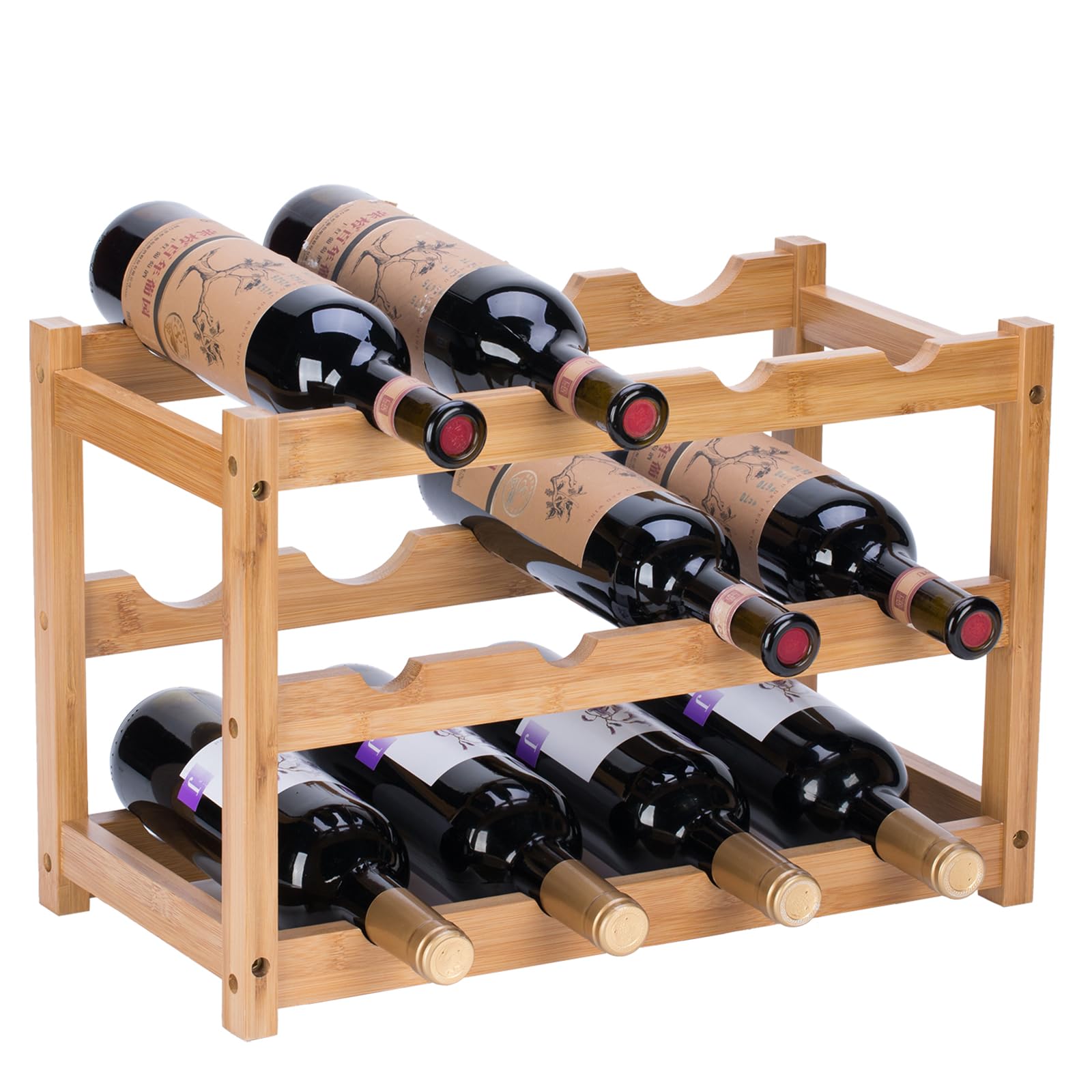 Botellero Vino, Botellero Vertical de Bambú, Botellero Apilable de Mesa, Expositor Vino para Cocina Bar Bodega Vinoteca(3 Niveles-12 Botellas)