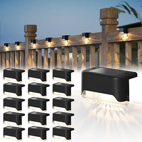 Pearlstar Luces solares para terraza, 16 luces LED solares impermeables para terraza, escaleras, patio, patio y camino (blanco, negro)