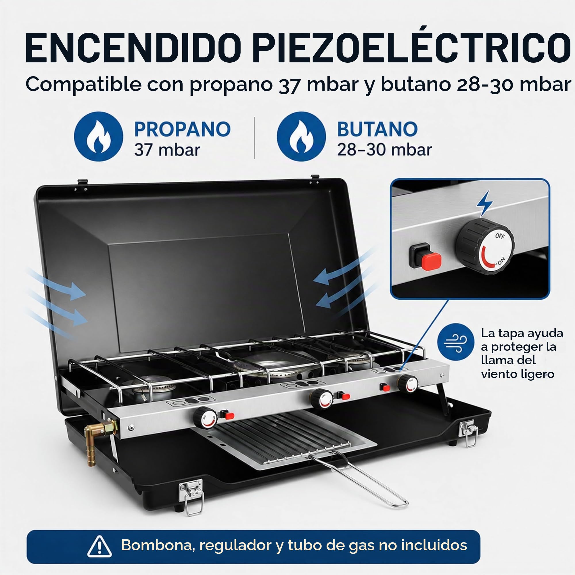 Hornillo de camping de 3 fuegos, 4,5 kW, plegable, portátil, con encendido piezoeléctrico, protección contra el viento, sin montaje para camping, picnic