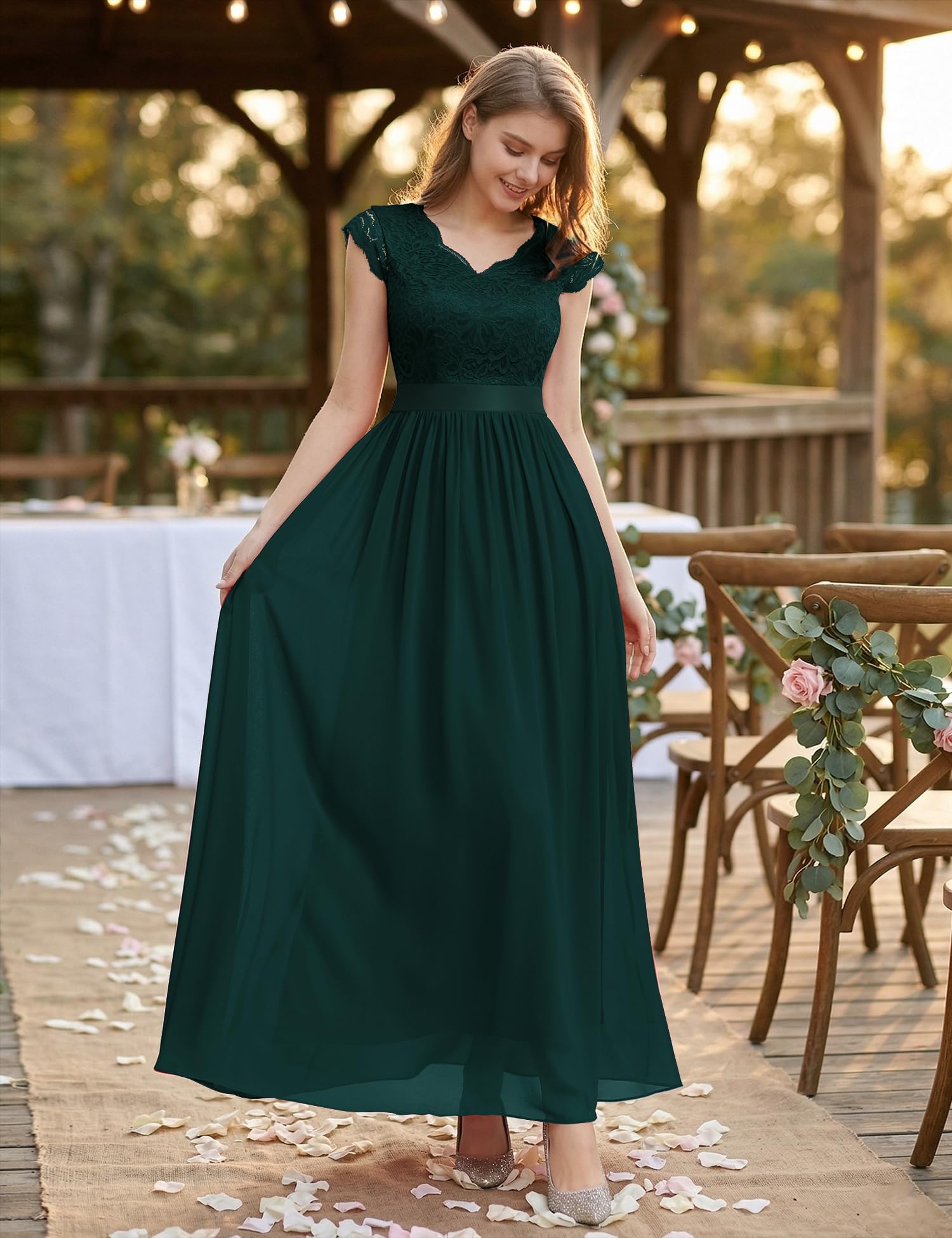 Dressystar Damen Abendkleid Lang Elegant für Hochzeit Spitze Chiffon Maxi Ballkleider Flügelärmel Cocktailkeider