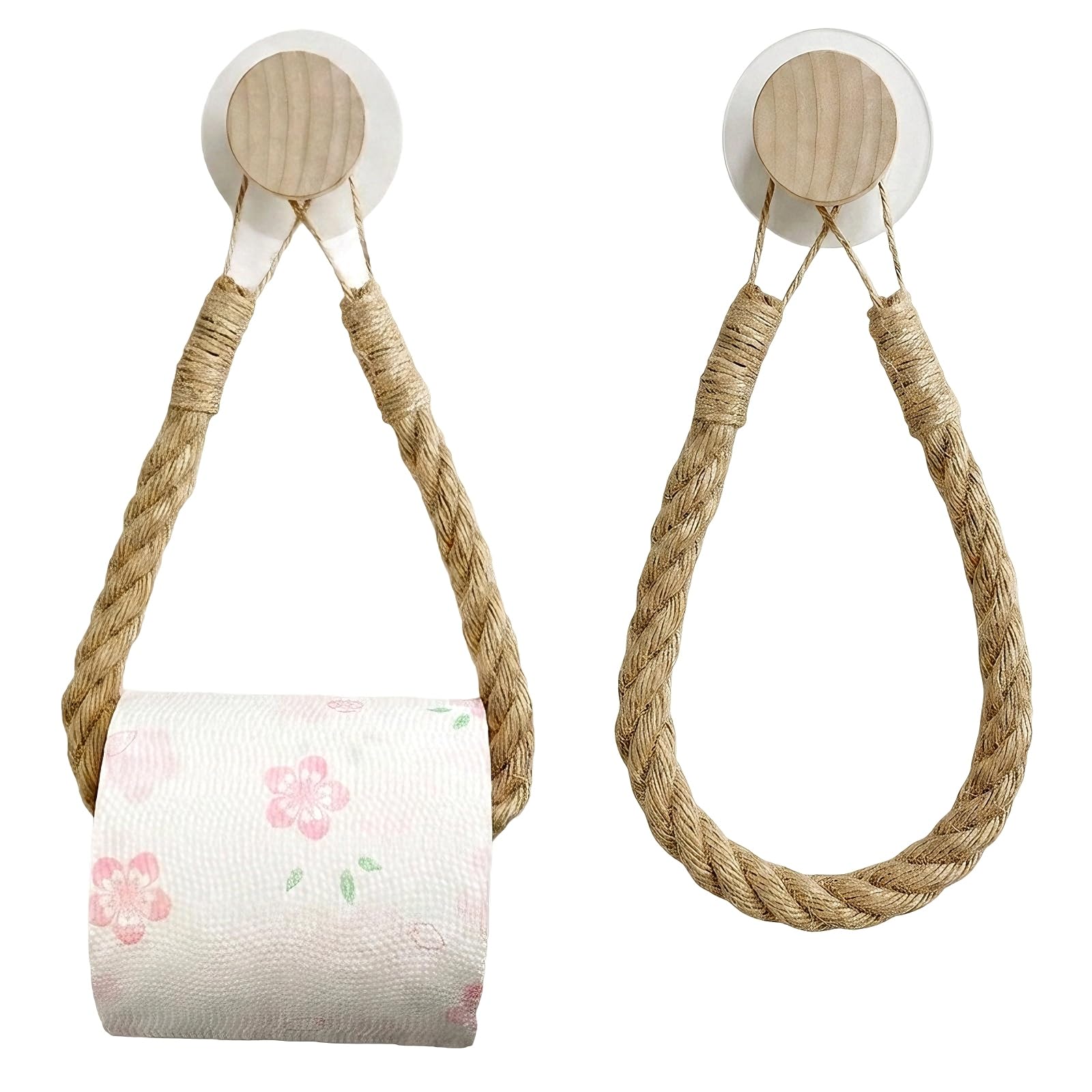 2 Pcs Rope Toilet Roll Holder, Wooden Toilet Roll Holder, No Drill Bathroom Installation, Rustic Kitchen Decor Enhancement, Space-Saving Small Bathroom Organisation