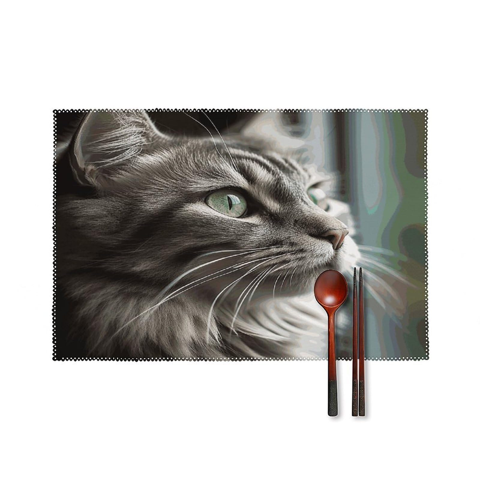 Fekiloot Style Gray Cat With Green Eyes Placemats Set Of 6,Table Mat