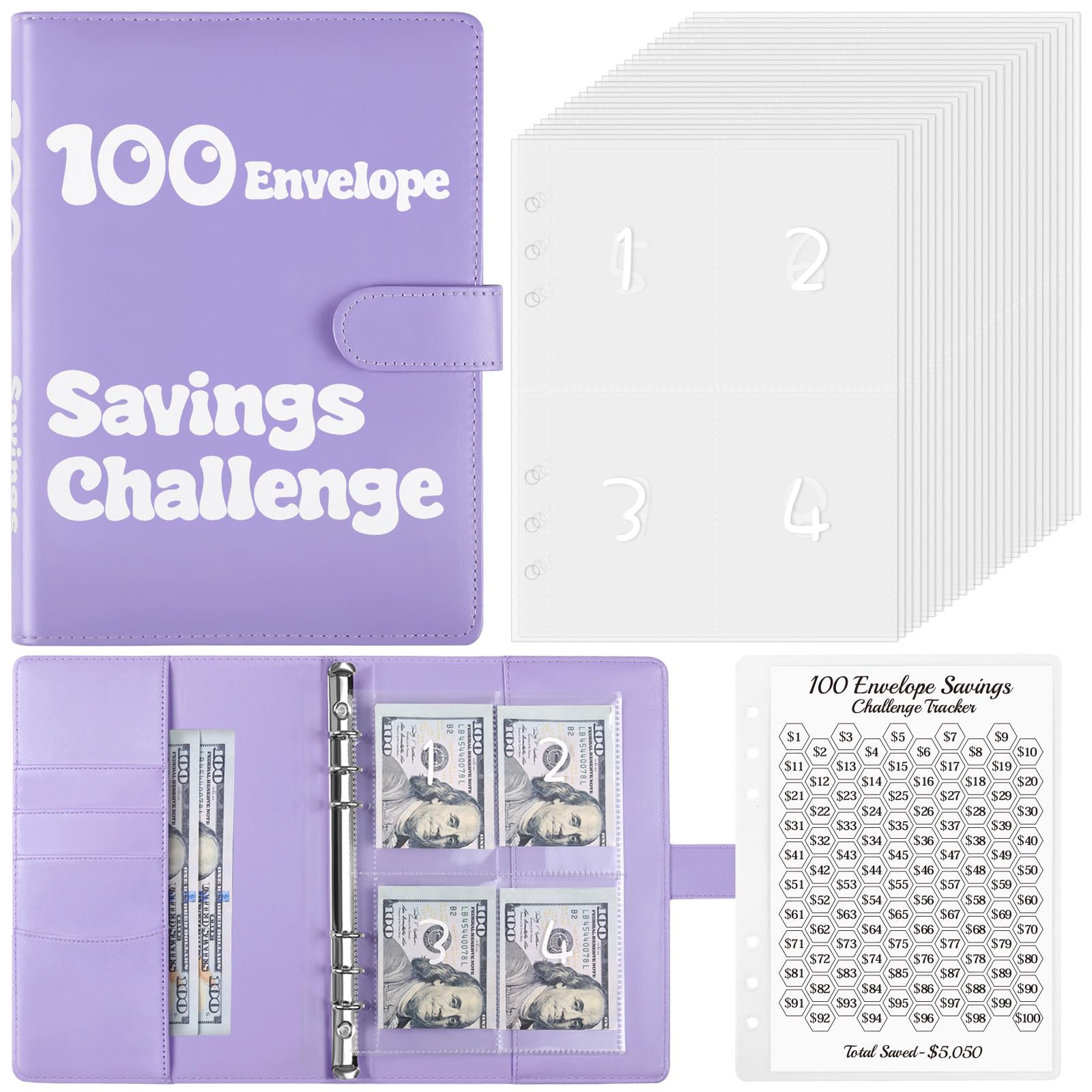 Zuozee 100 Envelopes Money Saving Challenge Binder, A5 Savings Binder with Cash Envelopes, Budget Binder for Planning and Saving $5050, Purple