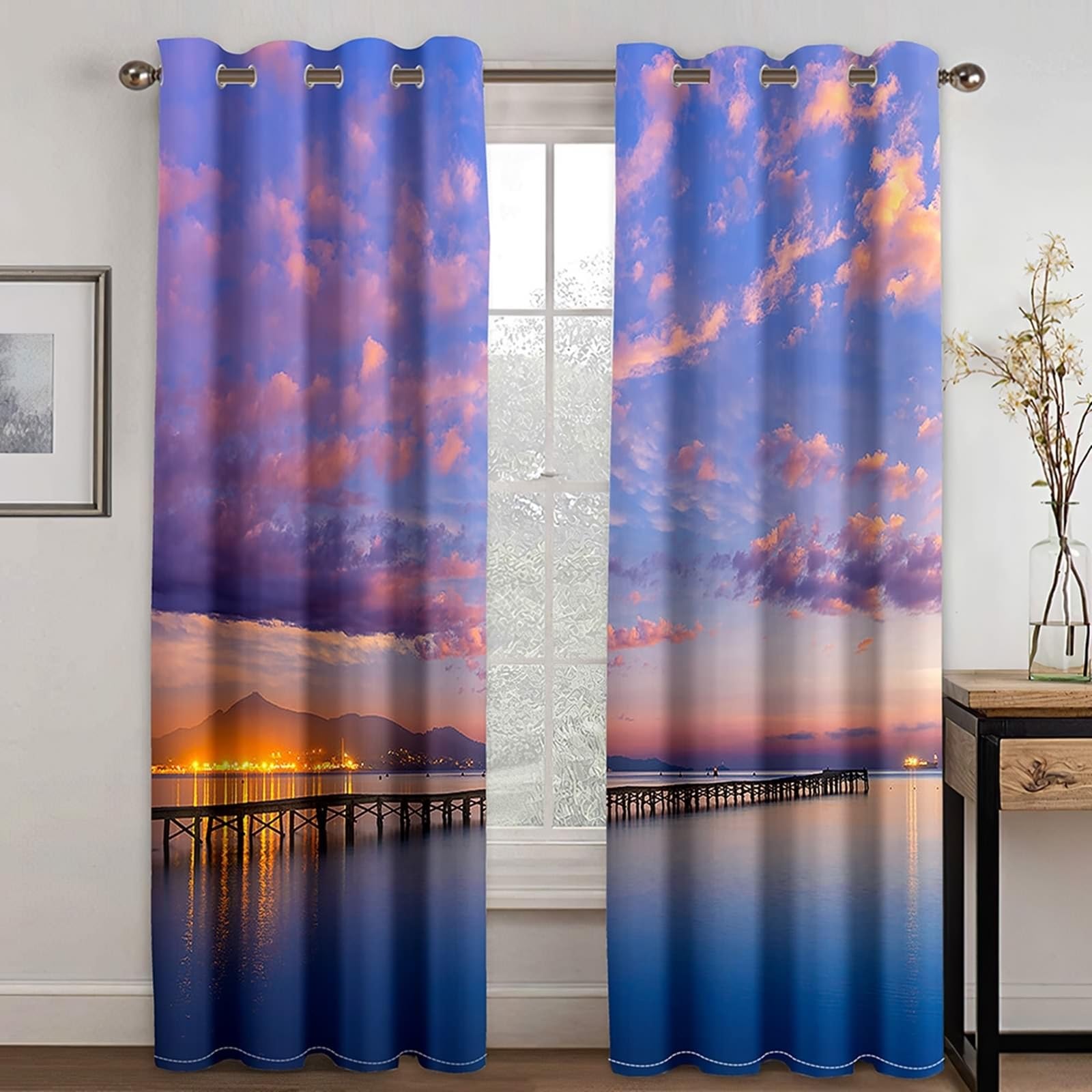 Wycian Küchengardinen Modern Vorhänge Blau Lila 2 Er Polyester Sonnenuntergang Himmel und Meer H214 X B244Cm für Schlafzimmer