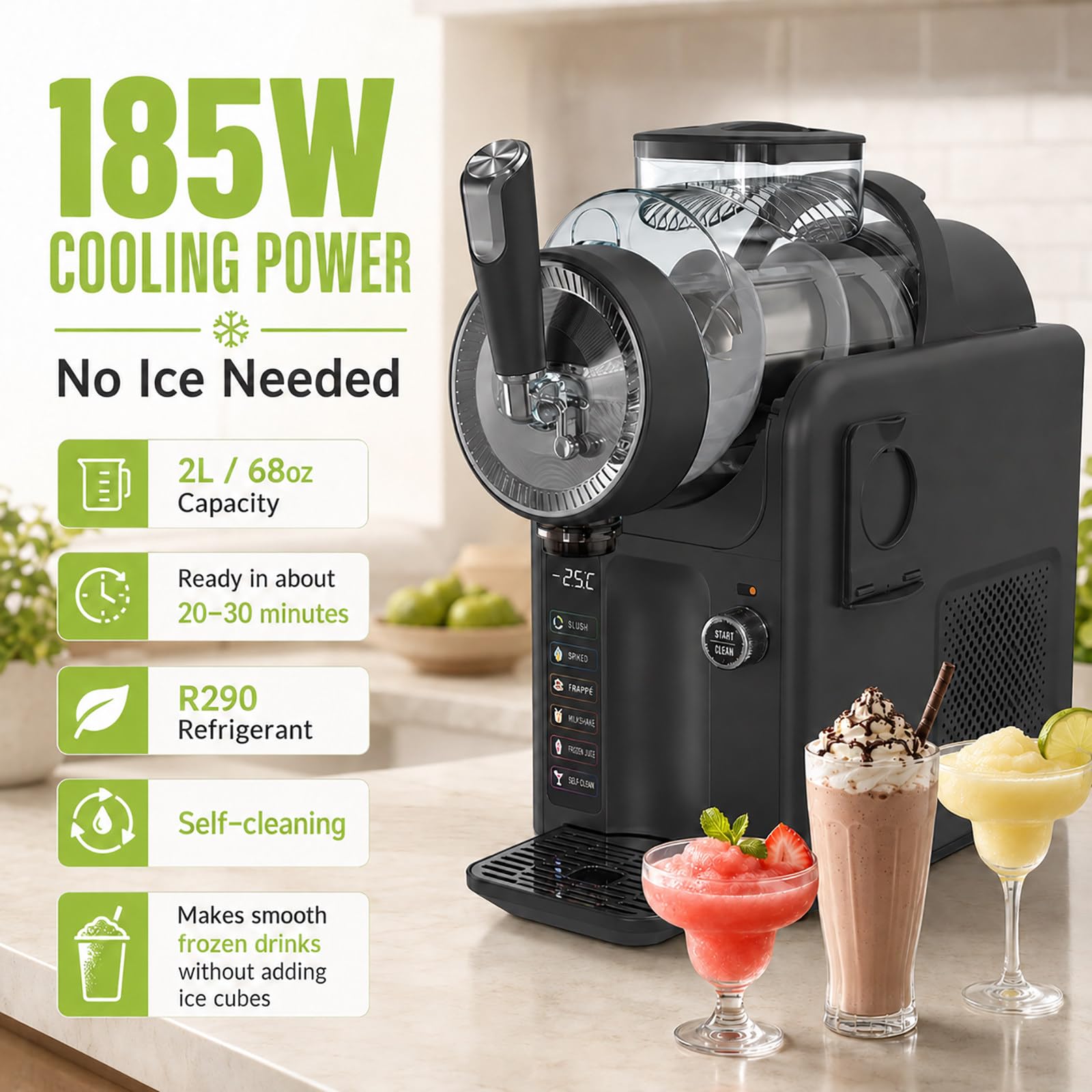 Máquina de Granizados Sin Hielo, 2L - Frozen Drink Maker 185W, 5 Modos, Pantalla LED, Limpieza Auto, Casa Fiesta Black