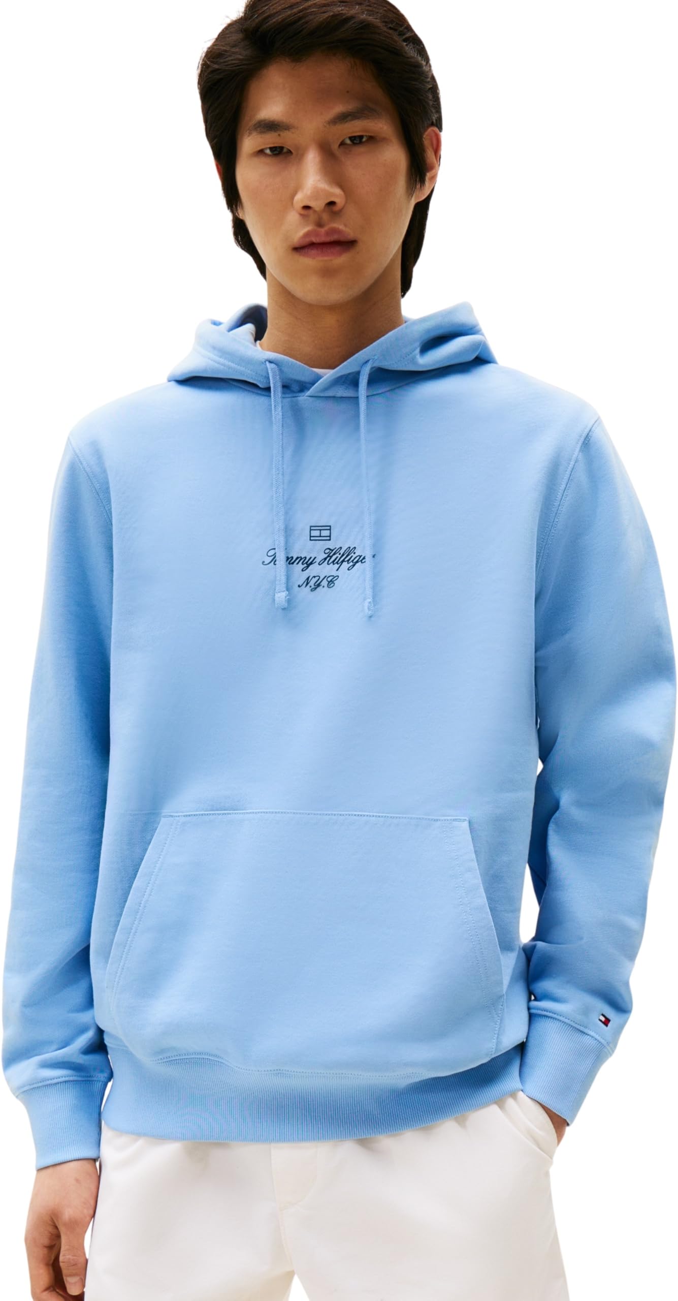 Tommy Hilfiger Men’s Outline Flag Script Hoodie, Blue (Cloudy Blue), XS