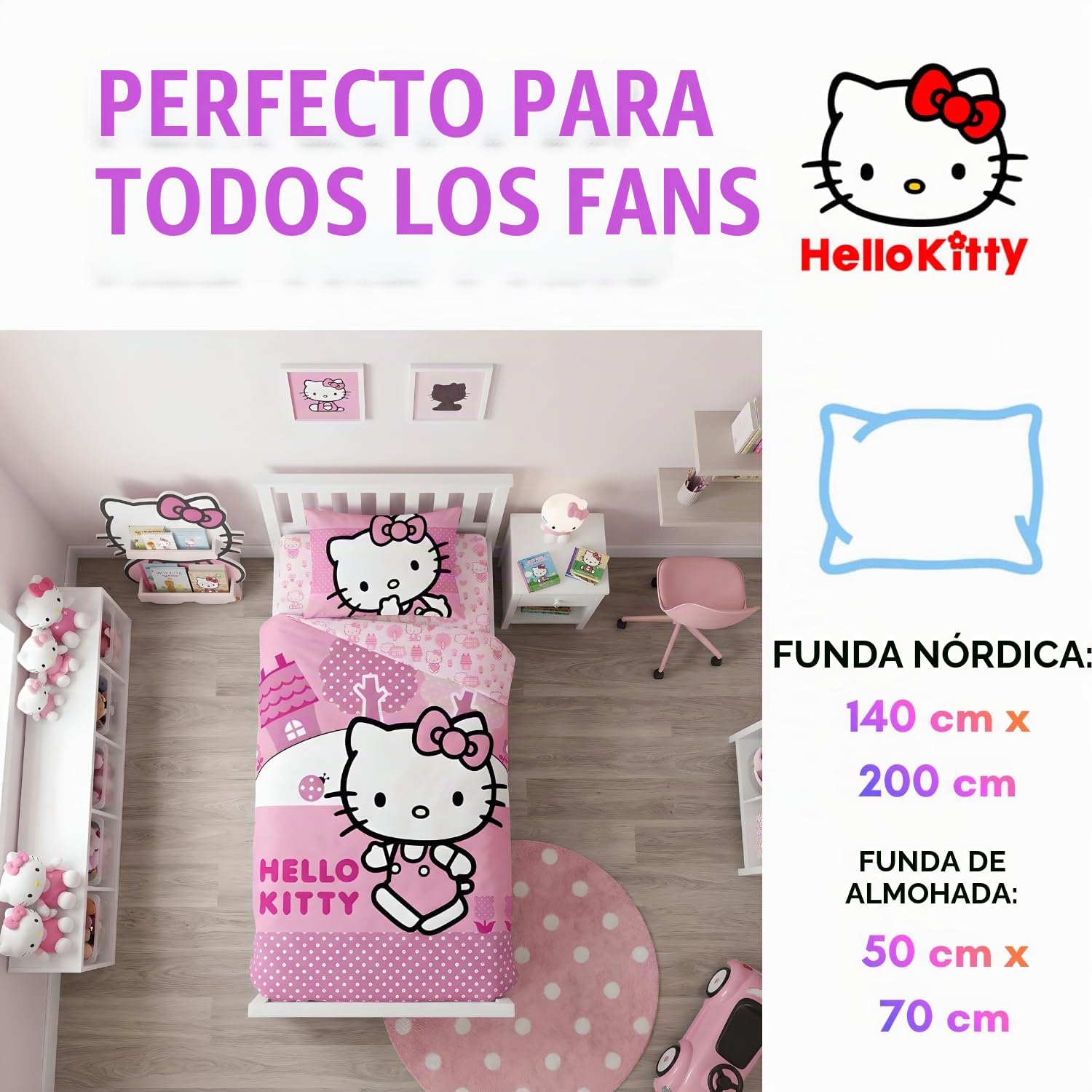 Hello Kitty Juego de Ropa de Cama Infantil | Funda Nórdica 140x200 cm + Funda de Almohada 50x70 cm, 100% Algodón | Producto Oficial Sanrio, Suave y Transpirable (Hello Kitty - Rosa)