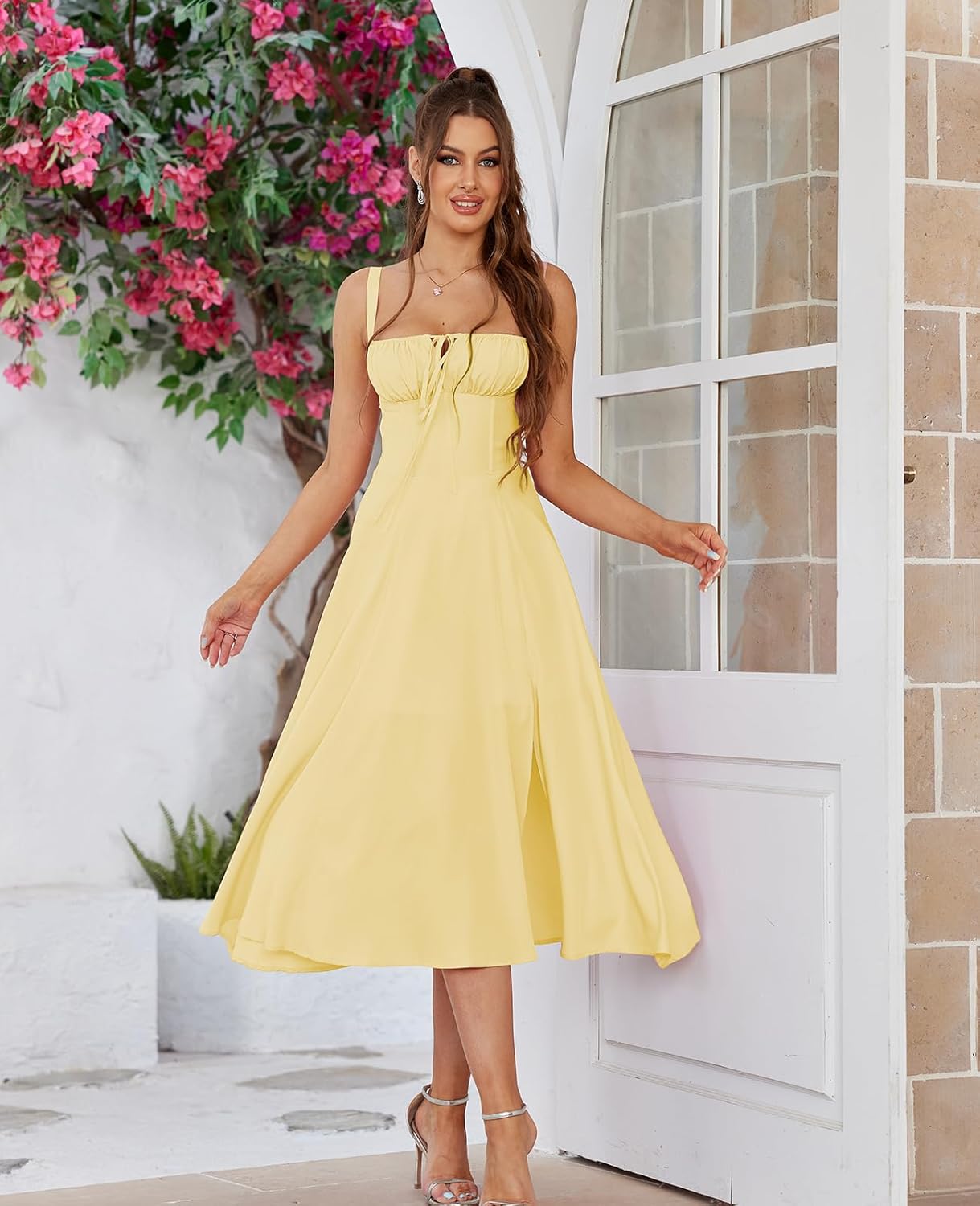 Floral Midi Corset Dress Wedding Guest Flowy Slit Lace Up Dresses for Women Tea Party A Line Casual Sundress - Image 2