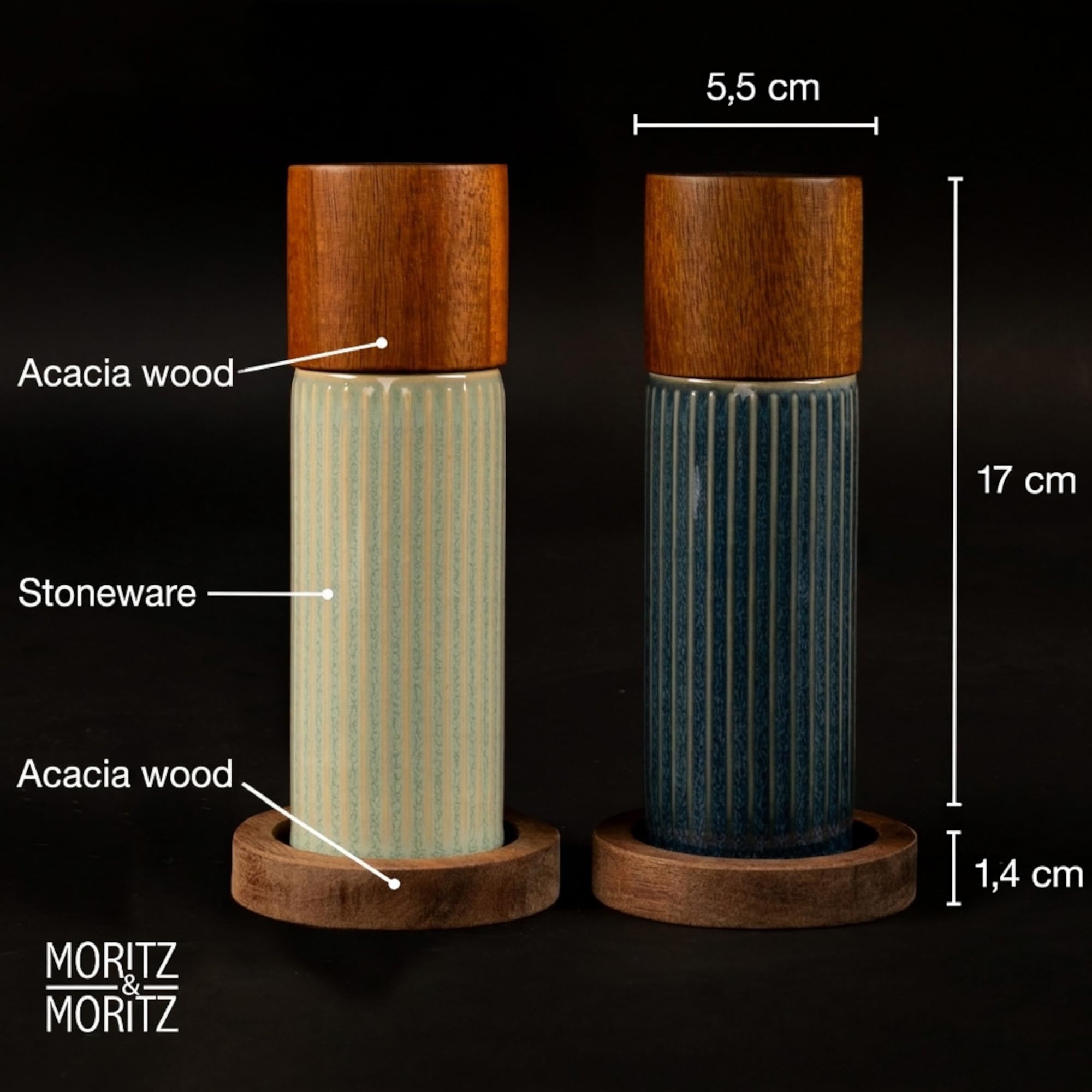 Moritz & Moritz PEPE Juego de Molinillos Sal y Pimienta (2 uds Azul/Verde) – Molinillo Especias Cerámica, Piedra y Madera de Acacia, Ajuste Grueso/Fino