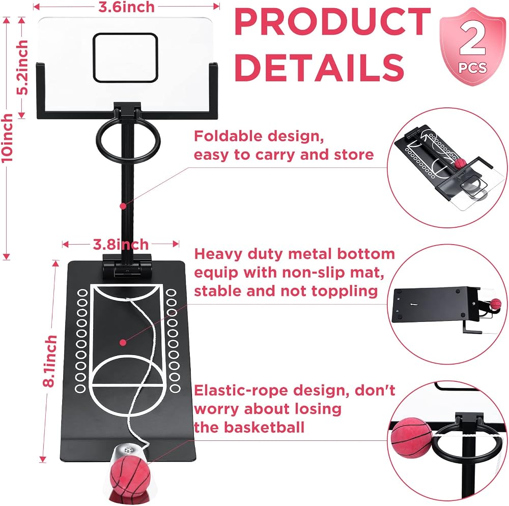 Deekin 2 Set Mini Desktop Basketball Game Toy Metal Tabletop Basketball Hoop Games Desk Toy Employee Appreciation Gifts for Office for Adult Fun Sports Novelty Gag Birthday Gifts Back to School