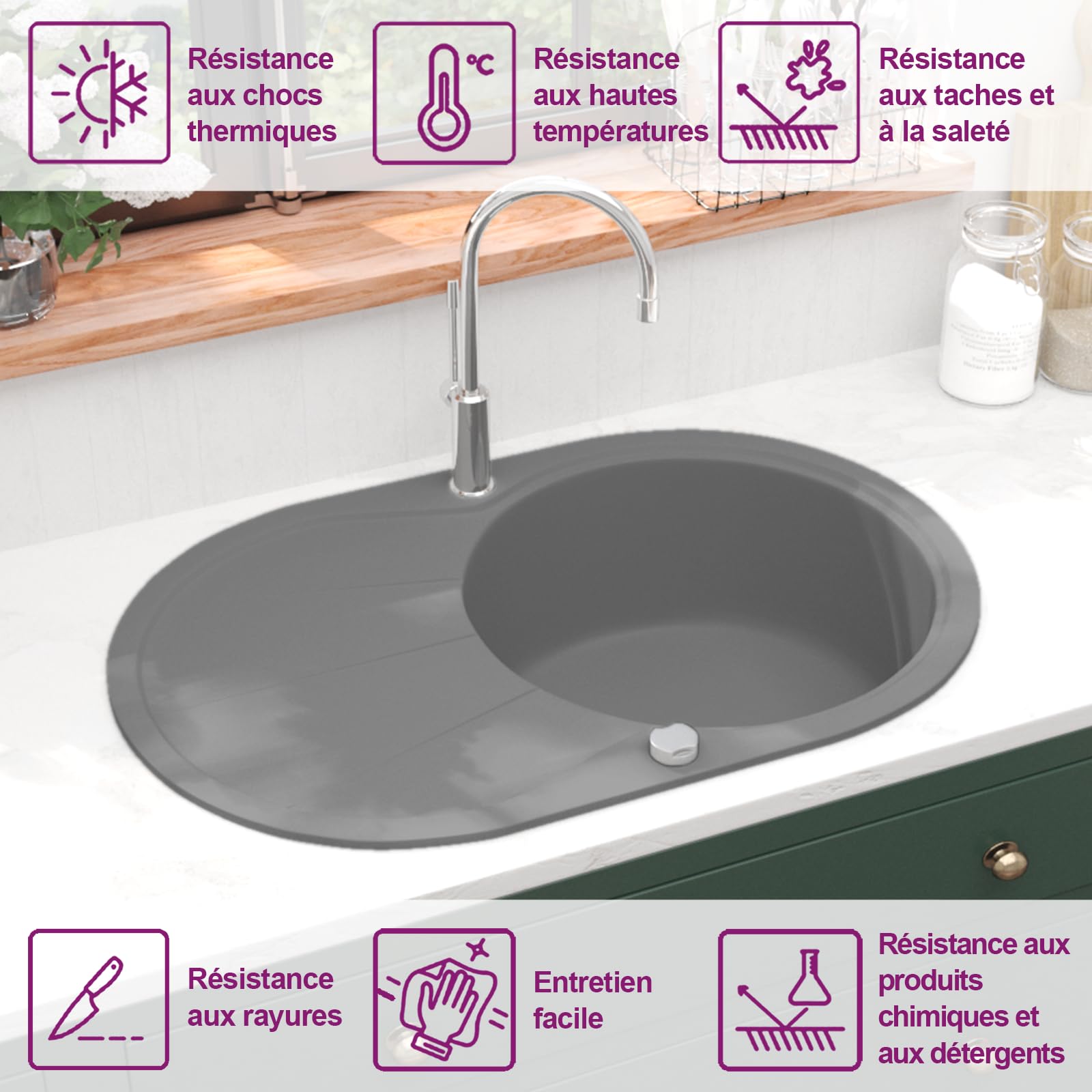 vidaXL Évier de Cuisine en Granit Bac Unique Ovale Gris Décor Cuisine Maison