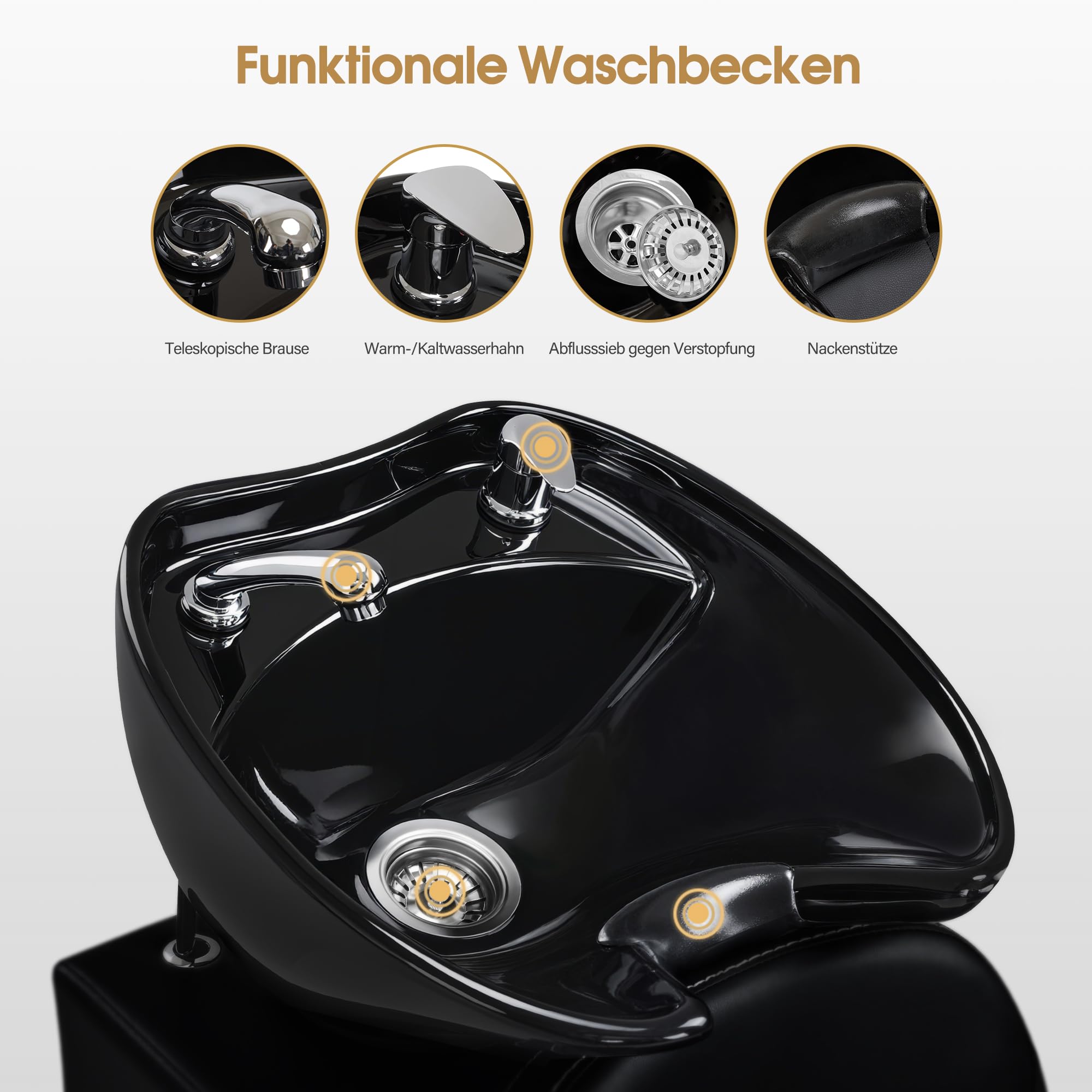 Barberpub Friseurstuhl mit Waschbecken & Kippbarer Rückenlehne, Friseurwaschbecken aus Keramik Verstellbar, Moderner Friseurwaschsessel für SPA Salon, Friseur Waschplatz 8692 (Schwarz/Kunstleder)