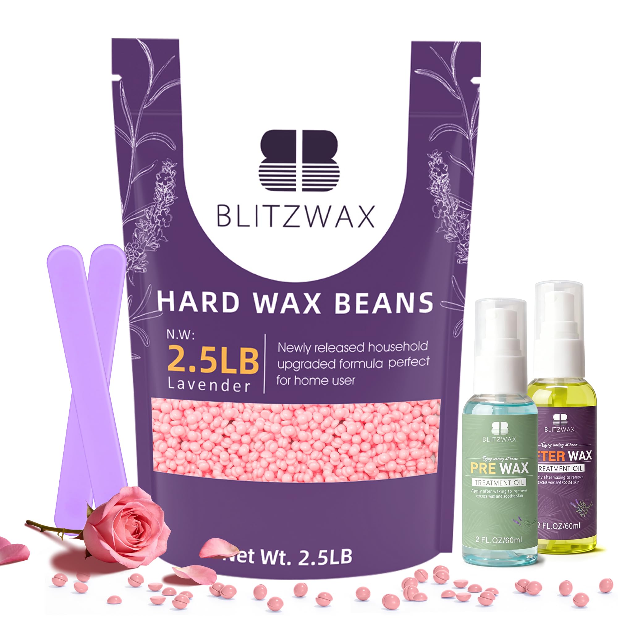 BLITZWAX 1,1 kg di perle di cera dura per depilazione rosa ceretta fagioli per pelle sensibile, viso, sopracciglia, brasiliana, gambe e bikini – con 2 bastoncini di silicone, detergente pre-cera e