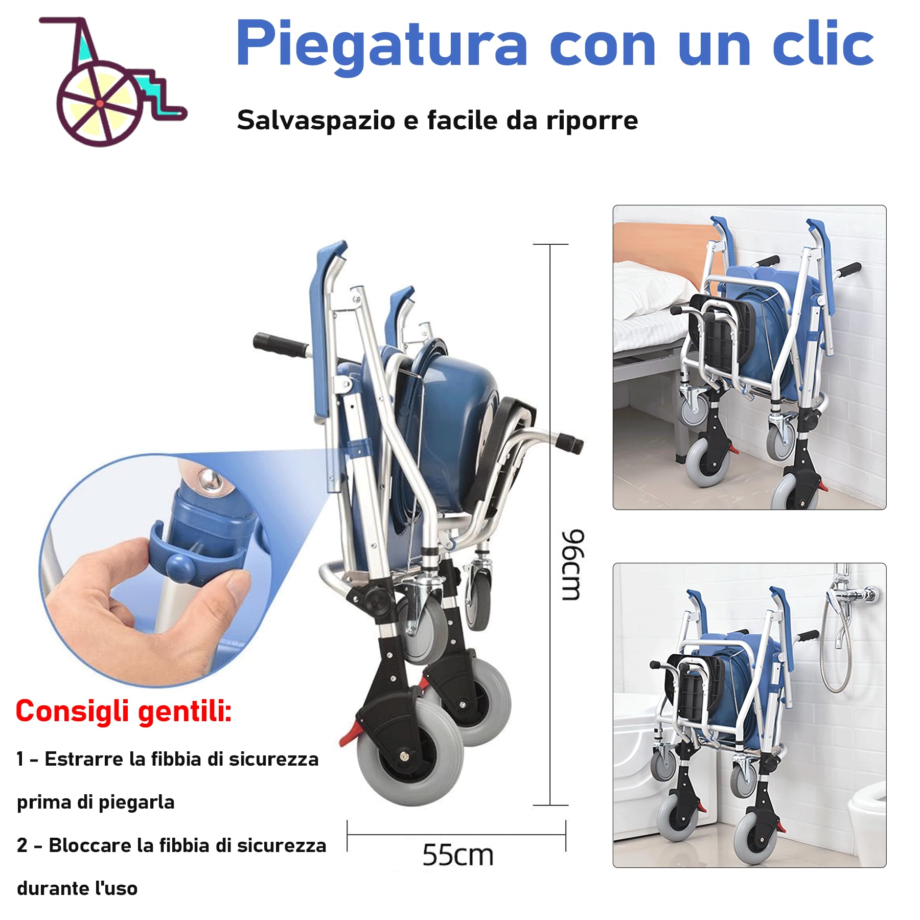 Sedia da Doccia con Rotelle per Anziani e Disabili, Sedia per WC con Rotelle Pieghevole, Sedile da Bagno - 4 Ruote con Freni, Ridurre L'attività per Evitare Lesioni, Carico 150 kg