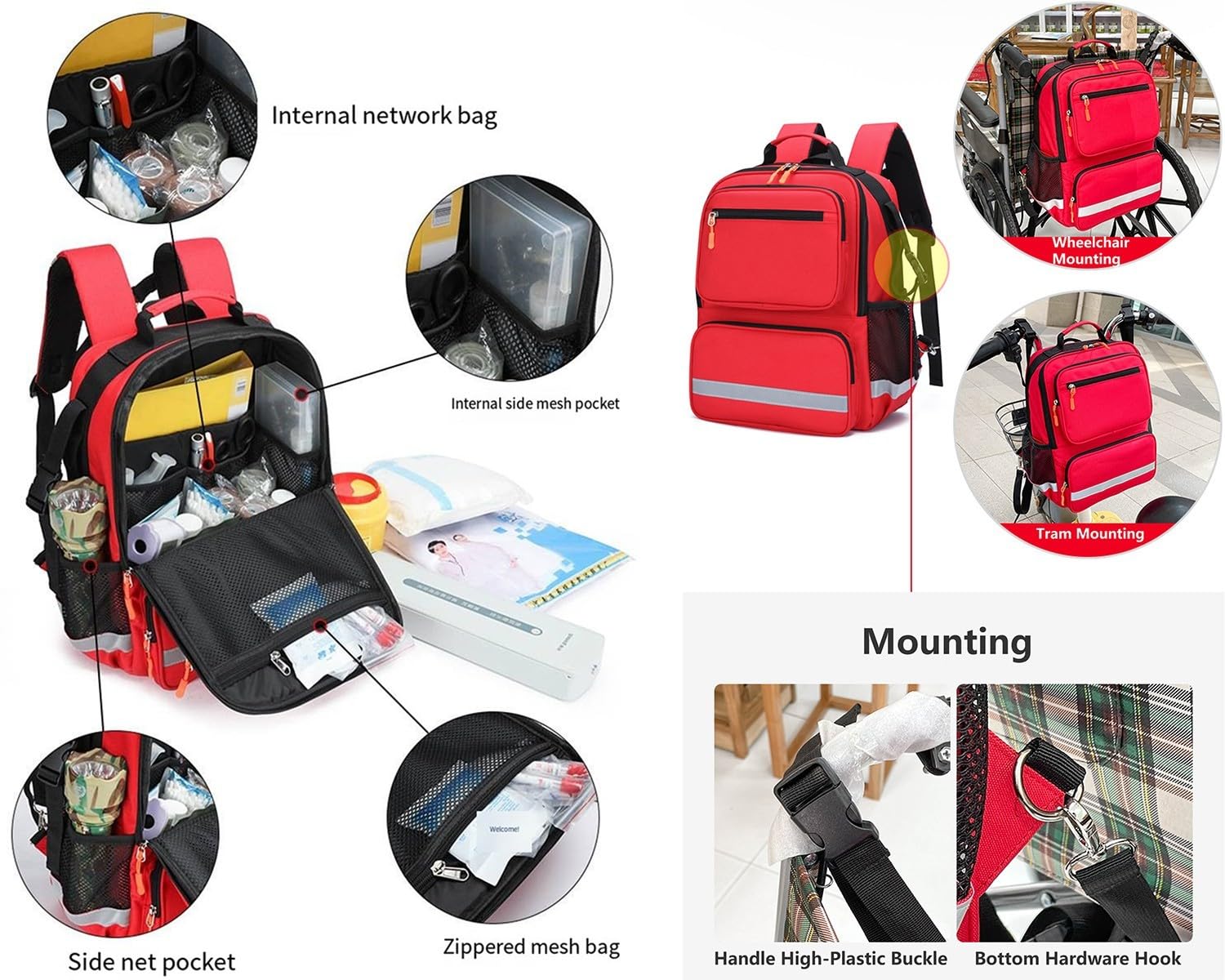 REHOOF Bolsa para Silla De Rueda,Mochila Emergencias Sanitarias para Exterior,Botiquin Viaje,Almacenamiento Práctico para Accesorios,Mochila Impermeable para Sillas De Ruedas Eléctricas Y Andadores A