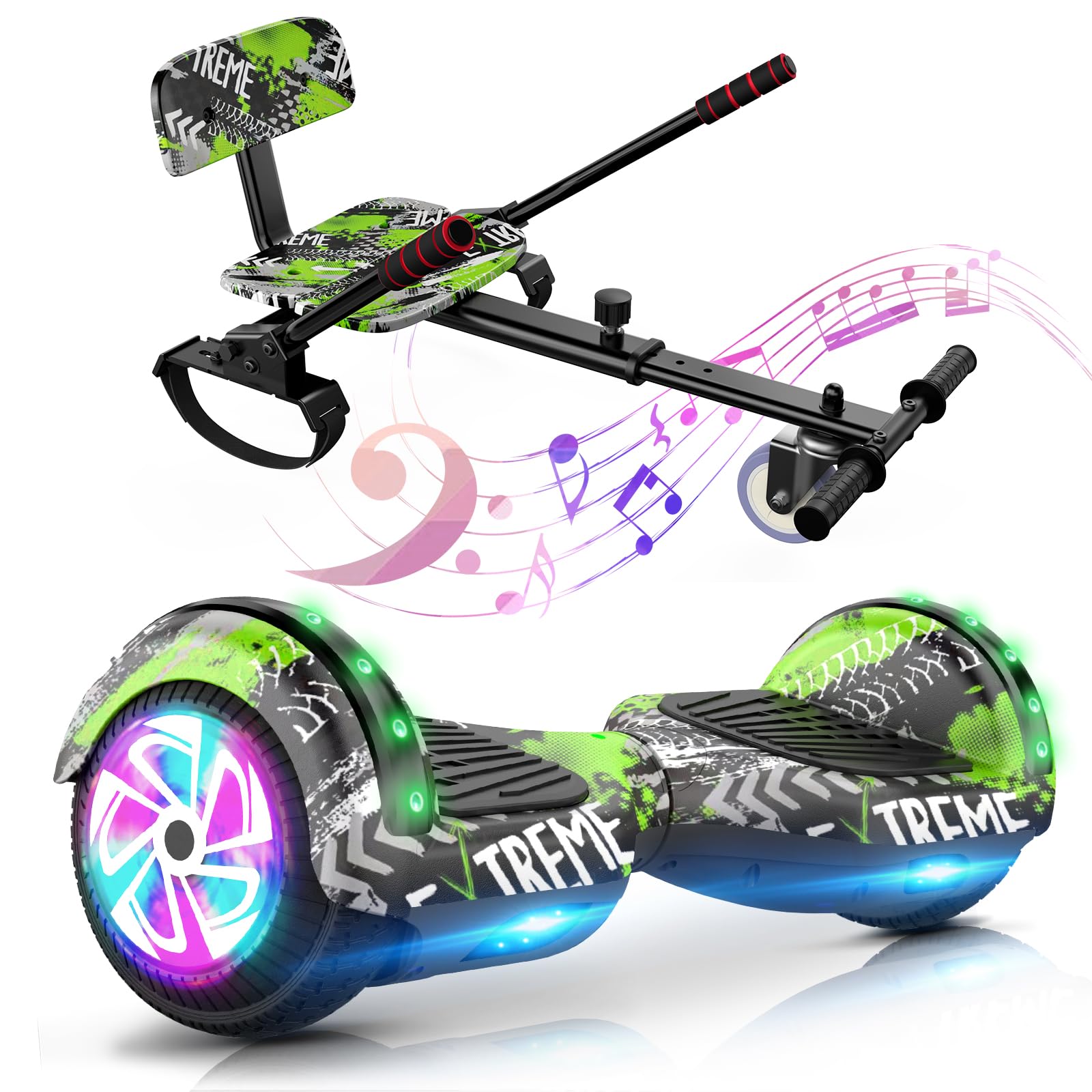 SISIGAD Hoverboard, Scooter Sitzbefestigung Combo mit Bluetooth Corlorful LED Lights, einstellbare Rahmenlänge für Kinder
