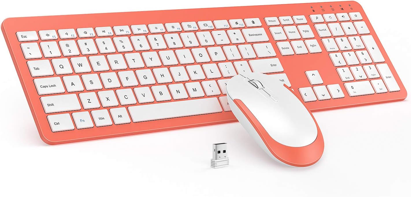 Wireless Keyboard and Mouse Combo - Full Size Slim Thin Wireless Keyboard Mouse with Numeric Keypad 2.4G Stable Connection Adjustable DPI - Living Coral & White