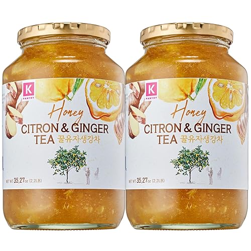 KPANTRY Honey Citron & Ginger Tea Mermelada coreana con citrón Yuzu fresco sin químicos y de 35.27 onzas, paquete de 2 jengibre y miel variada,