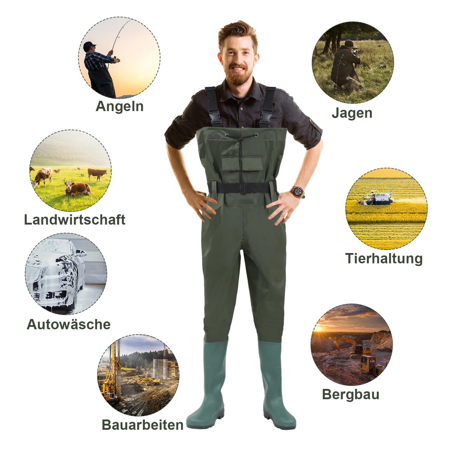 Fiqops Waders Imperméables Pantalon de Pêche avec Bottes Caoutchouc Antidérapantes