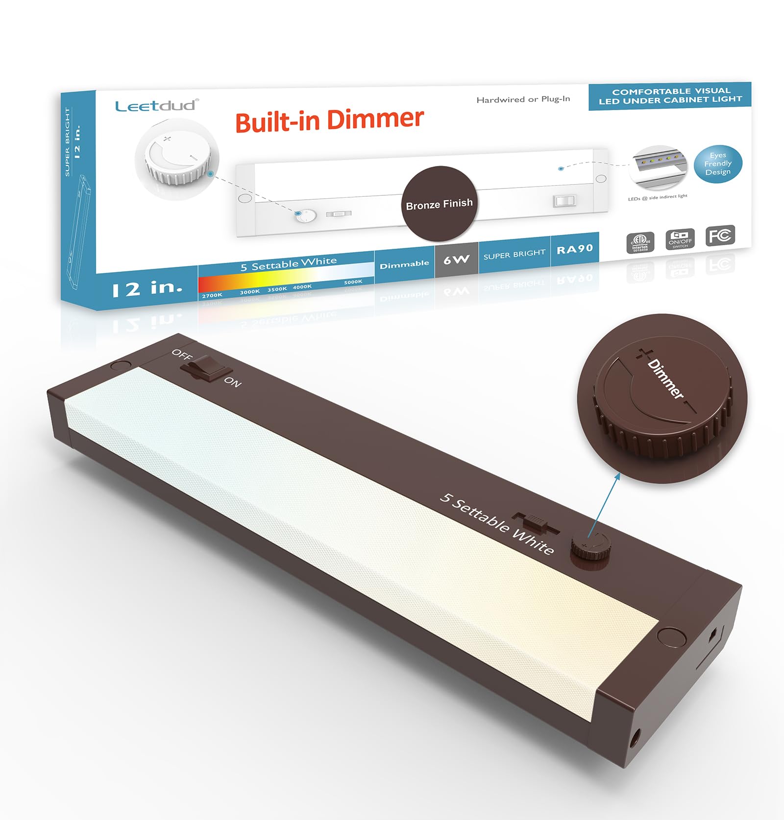 Leetdud - Oświetlenie LED pod szafką, wbudowana lub przewodowa wtyczka ściemniacza, 30 cm 6 W, możliwość przyciemniania, 5 kolorów, 2700 K/3000 K/3500 K/4000 K/5000 K, możliwość łączenia z ETL