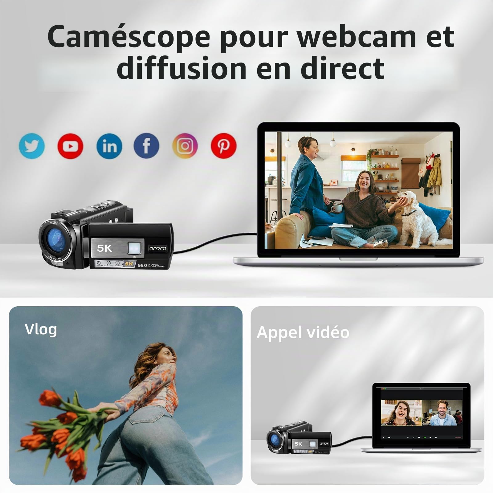 ORDRO Caméra vidéo AE20 5K, 56 MP, vision nocturne infrarouge, zoom 18x